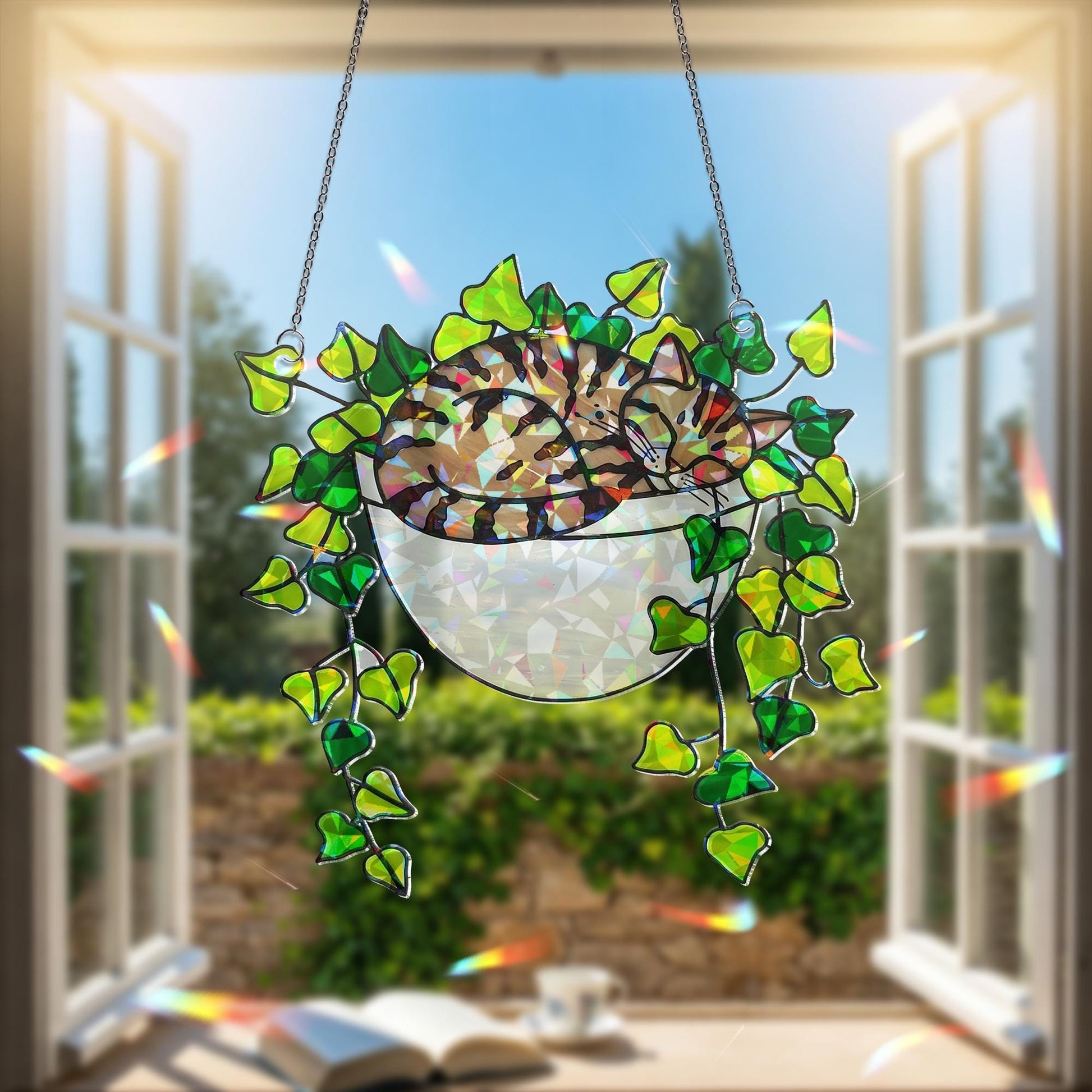 Tabby Cat Sleeping on Ivy Hologram Ornament | Cat ACRYLIC Window Hanging | Plant Lover Gift | Ivy Plants Decor, Cozy Cat Decor, Gift For Mom