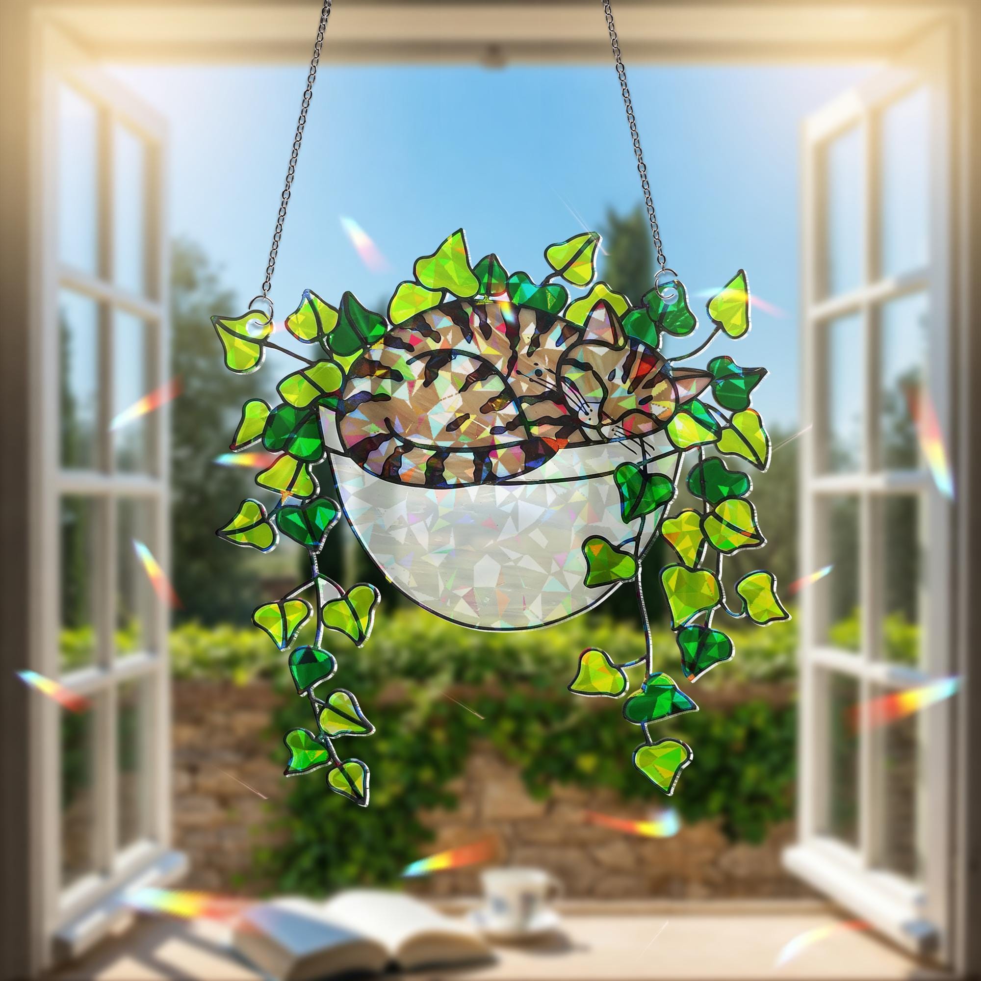 Tabby Cat Sleeping on Ivy Hologram Ornament | Cat ACRYLIC Window Hanging | Plant Lover Gift | Ivy Plants Decor, Cozy Cat Decor, Gift For Mom
