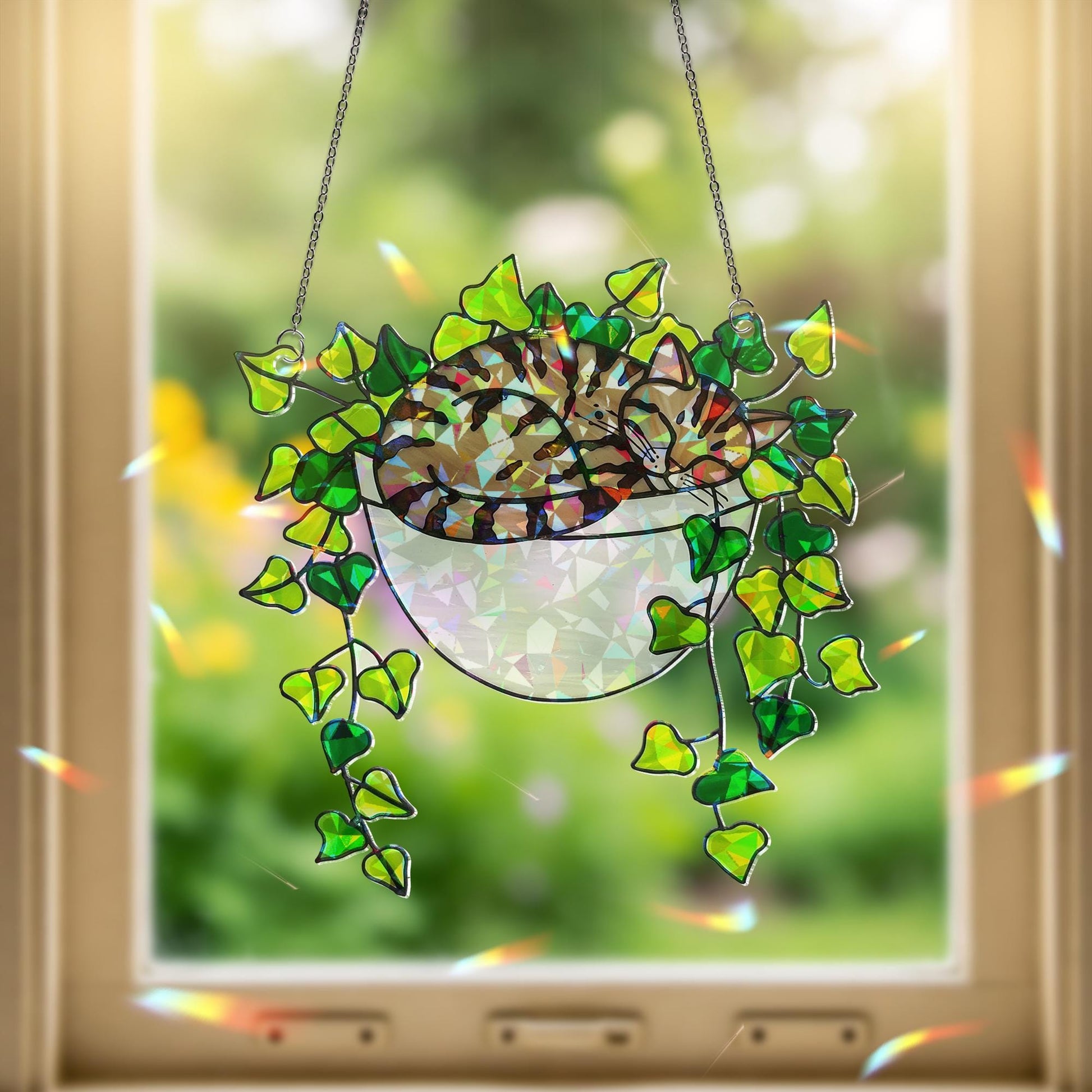 Tabby Cat Sleeping on Ivy Hologram Ornament | Cat ACRYLIC Window Hanging | Plant Lover Gift | Ivy Plants Decor, Cozy Cat Decor, Gift For Mom
