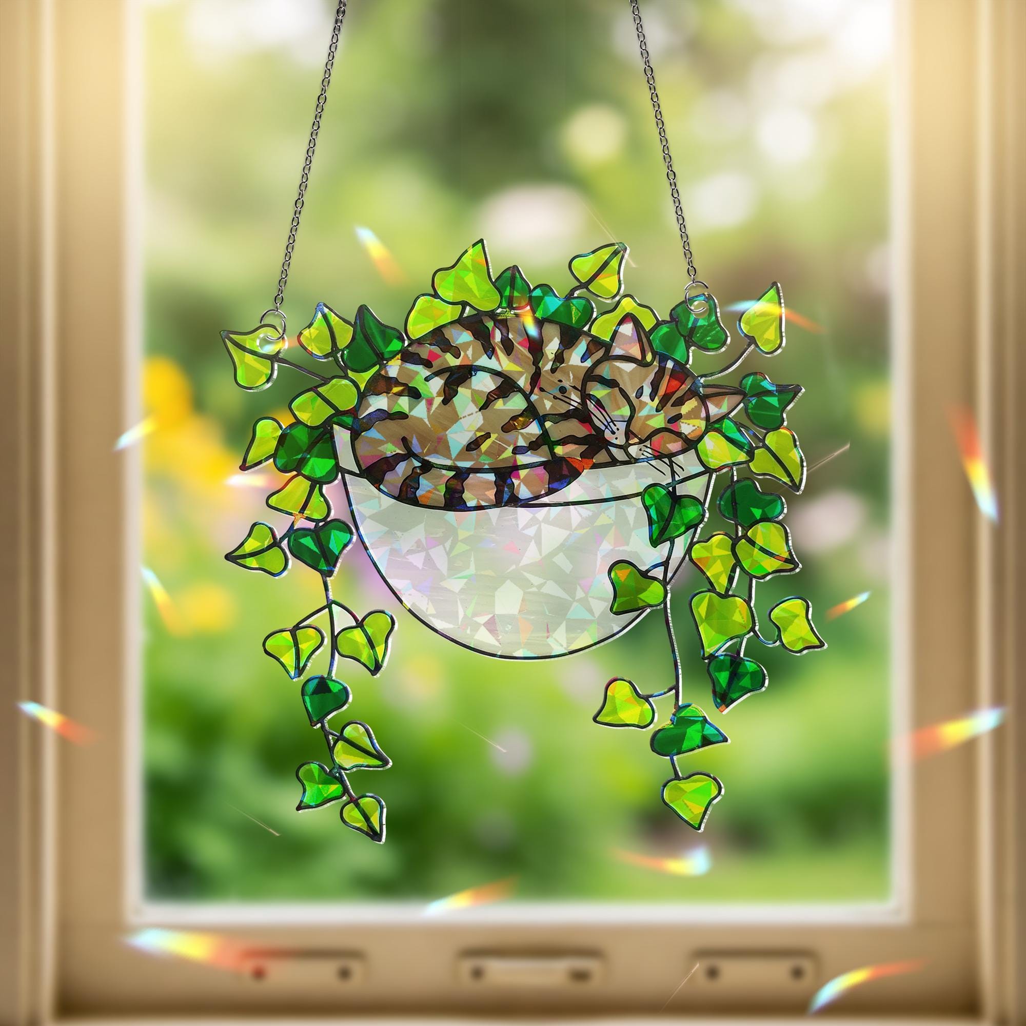 Tabby Cat Sleeping on Ivy Hologram Ornament | Cat ACRYLIC Window Hanging | Plant Lover Gift | Ivy Plants Decor, Cozy Cat Decor, Gift For Mom