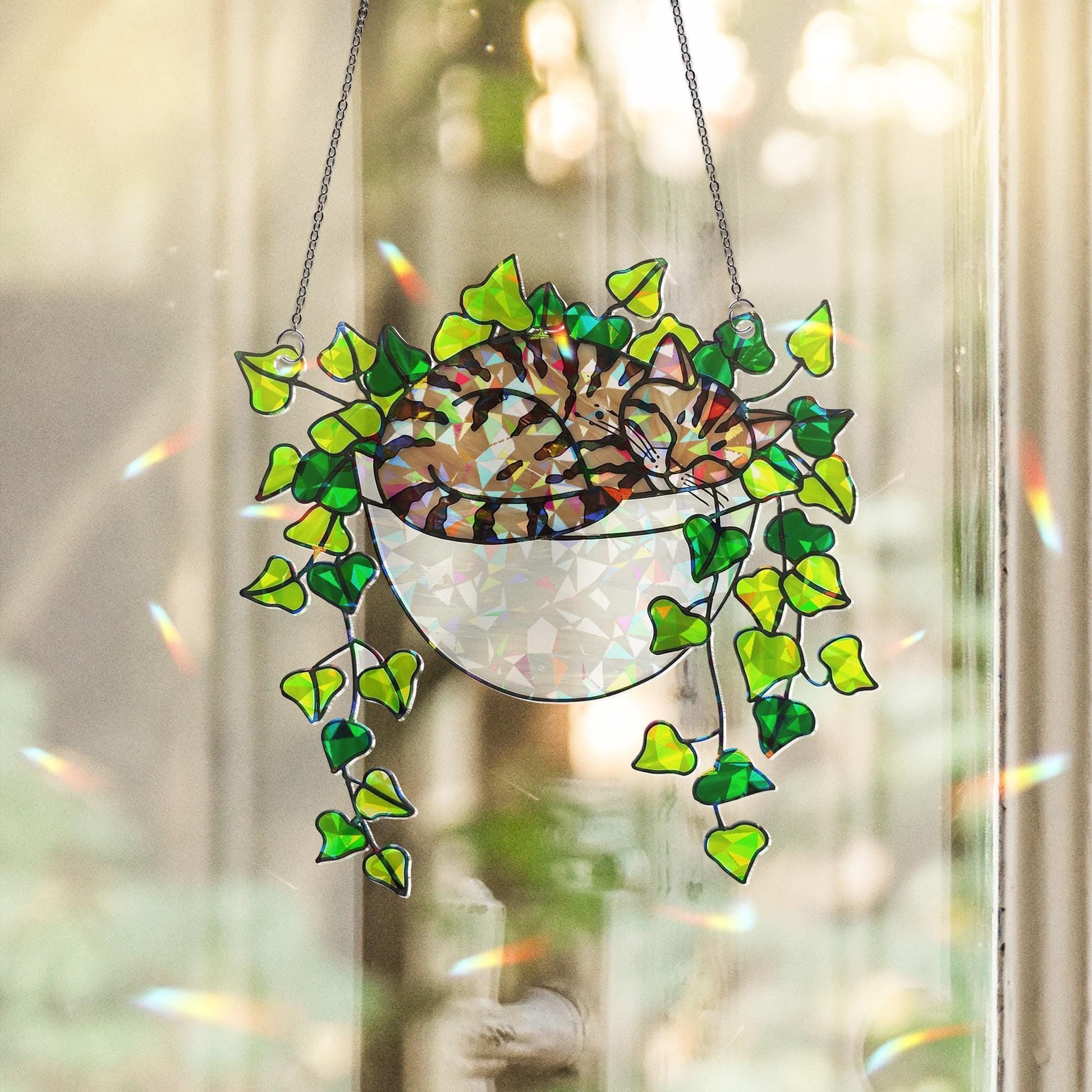 Tabby Cat Sleeping on Ivy Hologram Ornament | Cat ACRYLIC Window Hanging | Plant Lover Gift | Ivy Plants Decor, Cozy Cat Decor, Gift For Mom