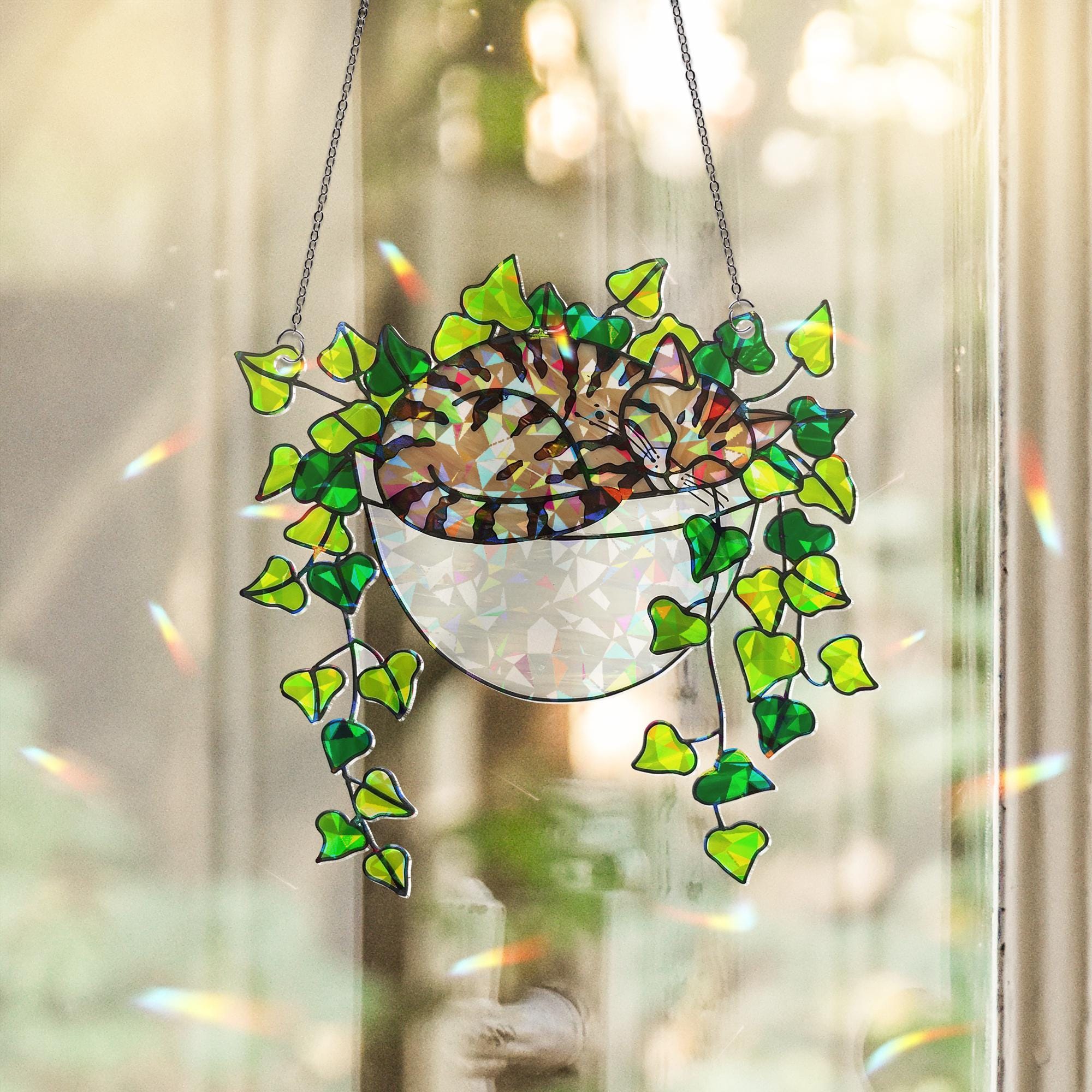 Tabby Cat Sleeping on Ivy Hologram Ornament | Cat ACRYLIC Window Hanging | Plant Lover Gift | Ivy Plants Decor, Cozy Cat Decor, Gift For Mom