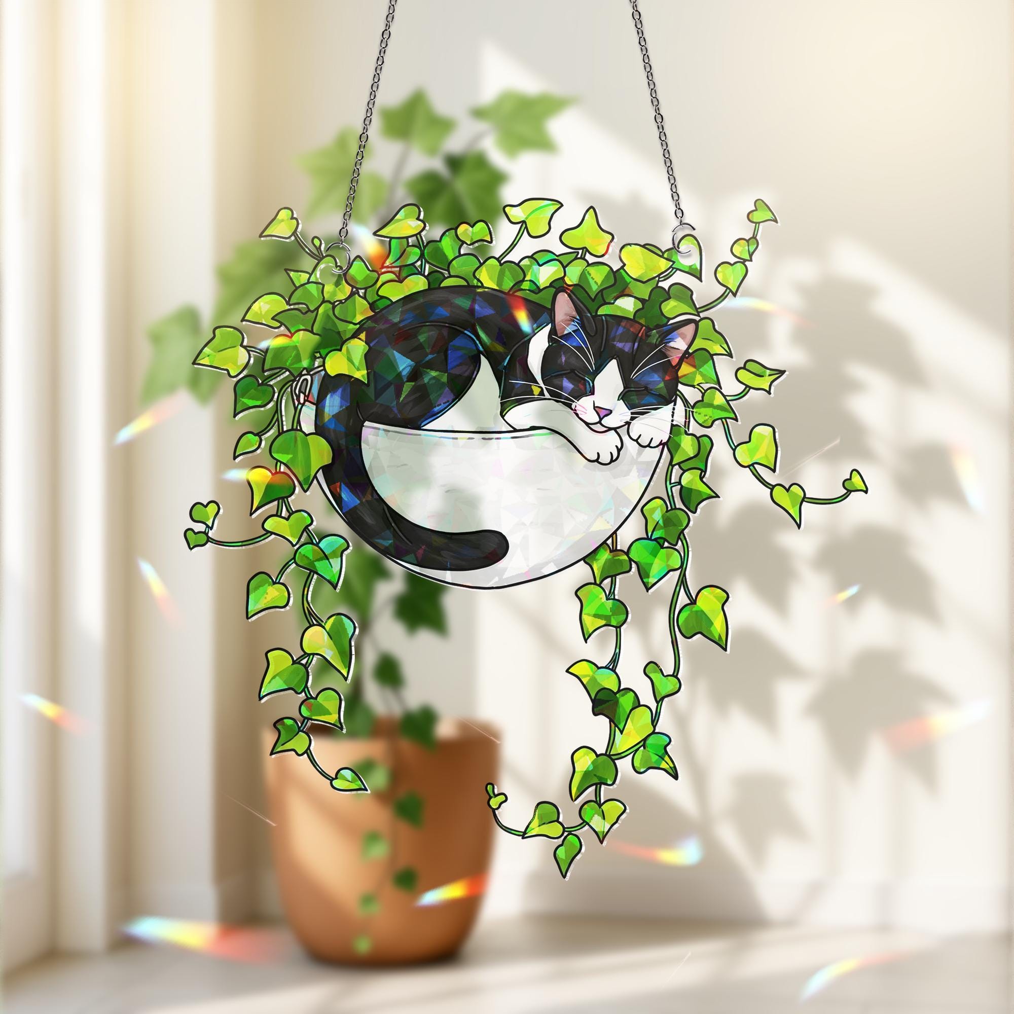 Tuxedo Cat Sleeping on Ivy Hologram Ornament | Cat ACRYLIC Window Hanging | Plant Lover Gift, Ivy Plants Decor, Cozy Cat Decor, Gift For Mom