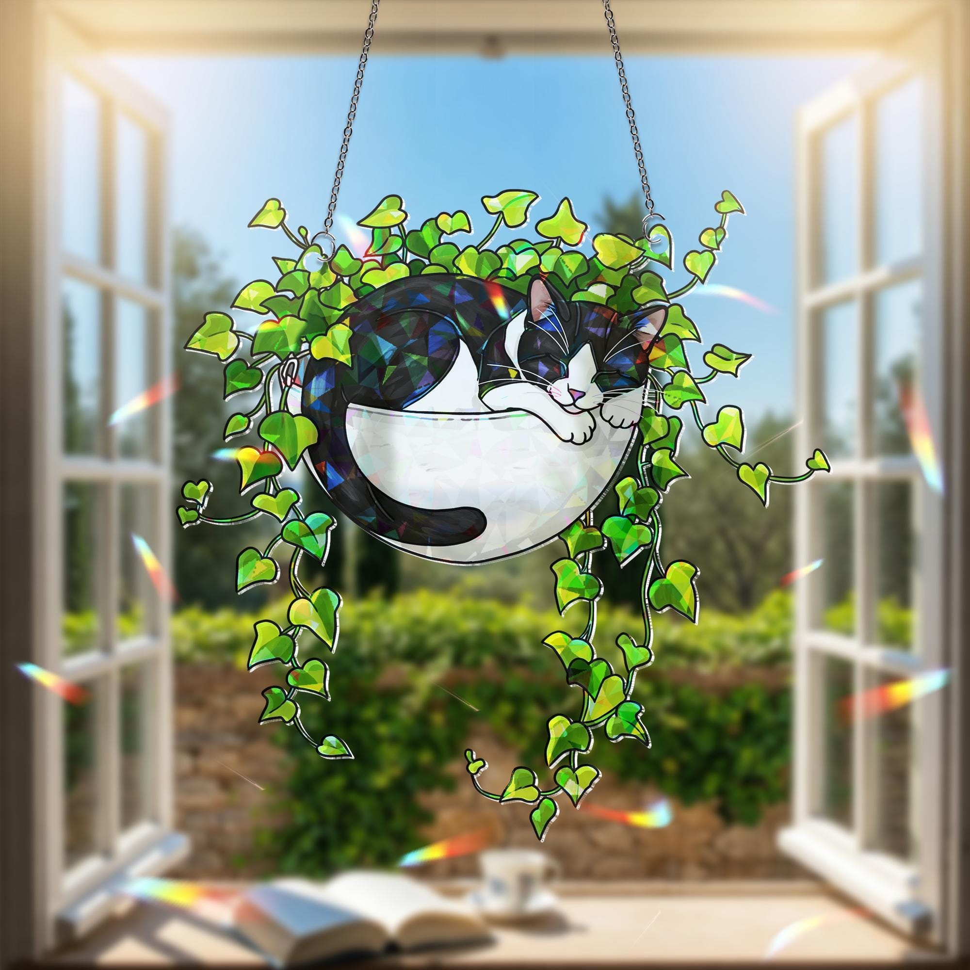 Tuxedo Cat Sleeping on Ivy Hologram Ornament | Cat ACRYLIC Window Hanging | Plant Lover Gift, Ivy Plants Decor, Cozy Cat Decor, Gift For Mom