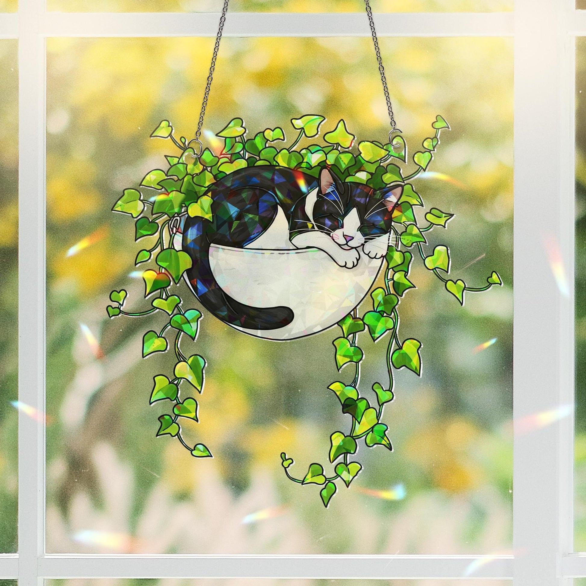Tuxedo Cat Sleeping on Ivy Hologram Ornament | Cat ACRYLIC Window Hanging | Plant Lover Gift, Ivy Plants Decor, Cozy Cat Decor, Gift For Mom