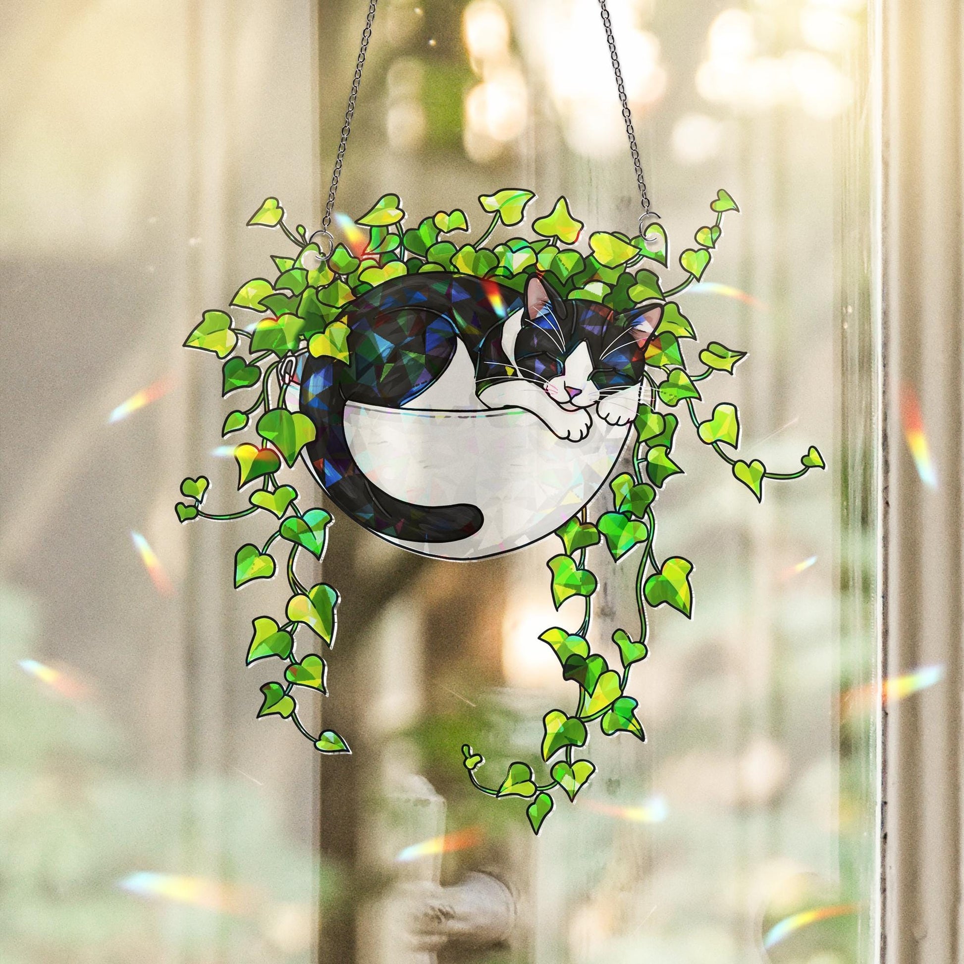 Tuxedo Cat Sleeping on Ivy Hologram Ornament | Cat ACRYLIC Window Hanging | Plant Lover Gift, Ivy Plants Decor, Cozy Cat Decor, Gift For Mom