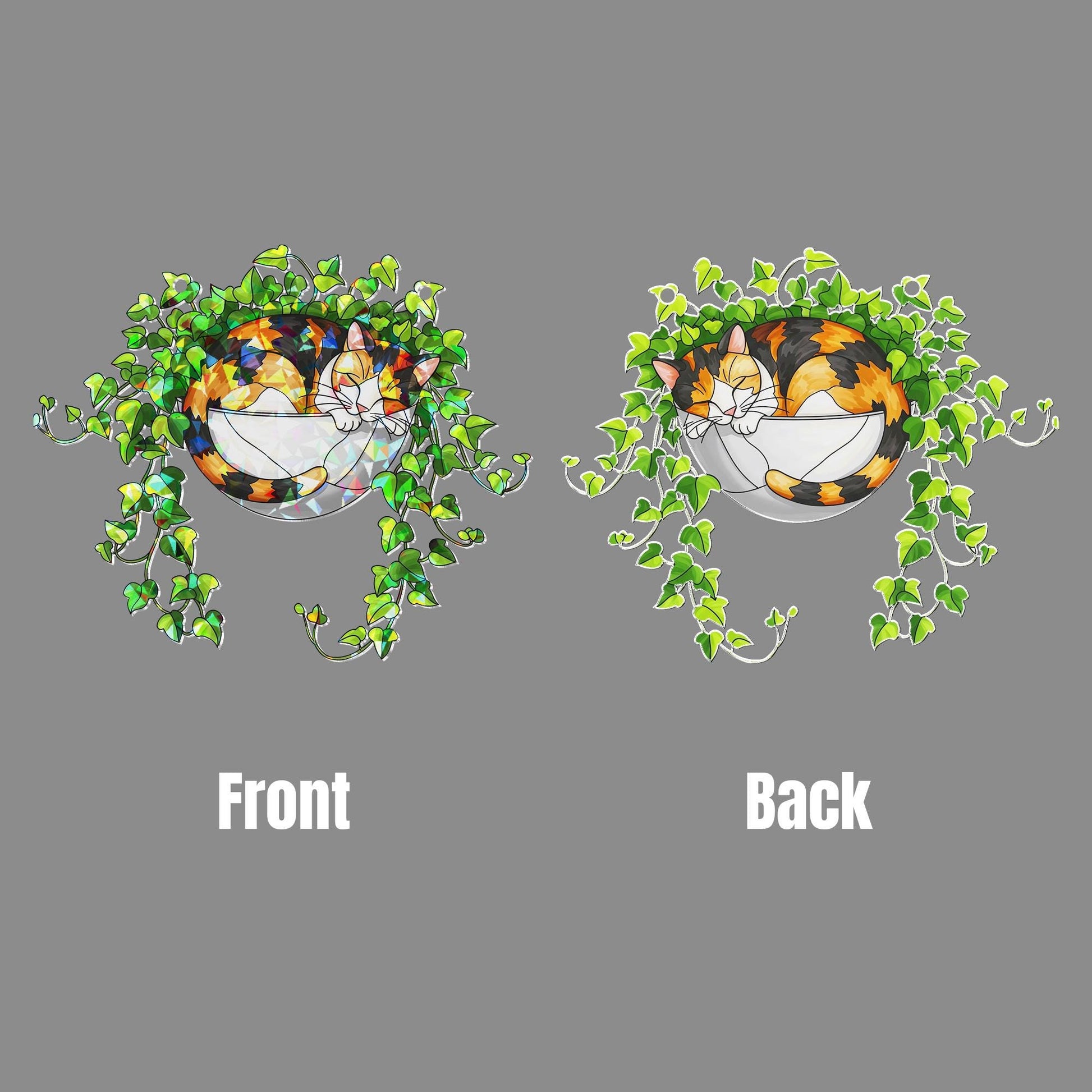 Calico Cat Sleeping on Ivy Hologram Ornament | Cat ACRYLIC Window Hanging | Plant Lover Gift, Ivy Plants Decor, Cozy Cat Decor, Gift For Mom