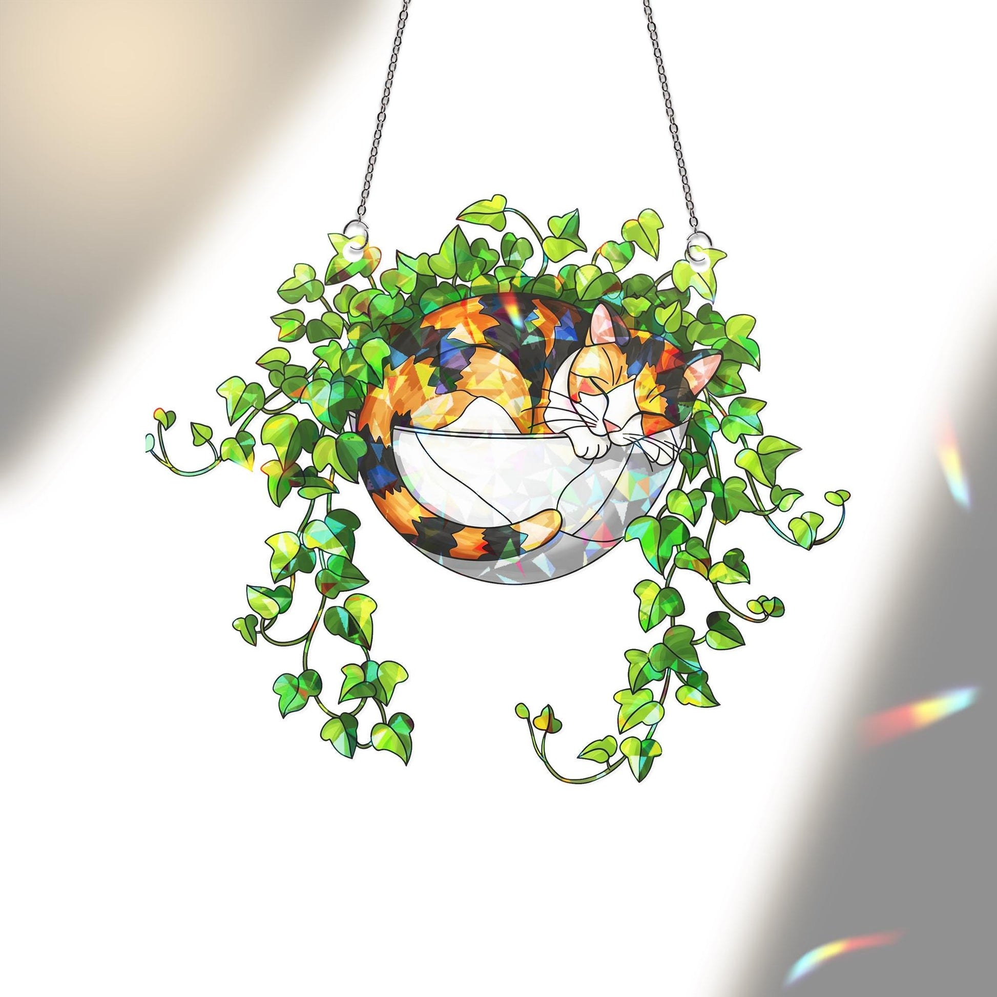 Calico Cat Sleeping on Ivy Hologram Ornament | Cat ACRYLIC Window Hanging | Plant Lover Gift, Ivy Plants Decor, Cozy Cat Decor, Gift For Mom
