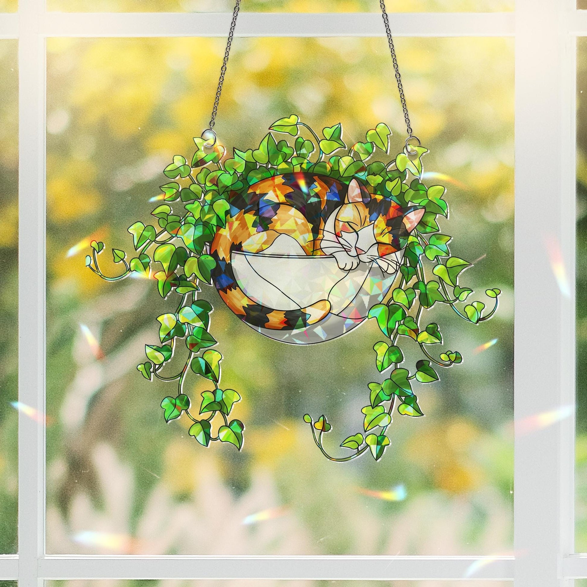 Calico Cat Sleeping on Ivy Hologram Ornament | Cat ACRYLIC Window Hanging | Plant Lover Gift, Ivy Plants Decor, Cozy Cat Decor, Gift For Mom