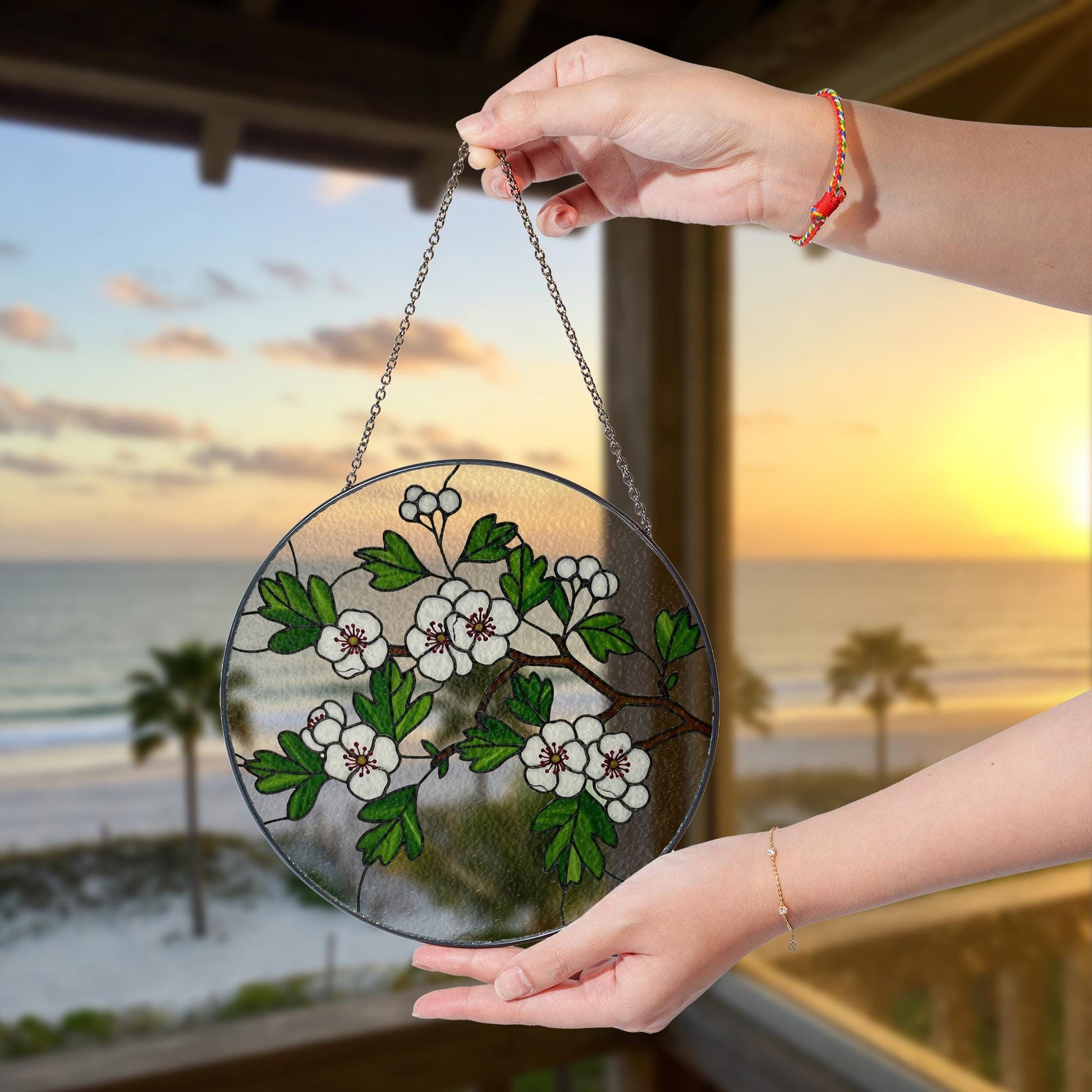 Hawthorn Glass Suncatcher Window Hanging | Botanical Sun Catcher Decor | Nature-Inspired Glass Style | Floral Window Art, Gift For Mom
