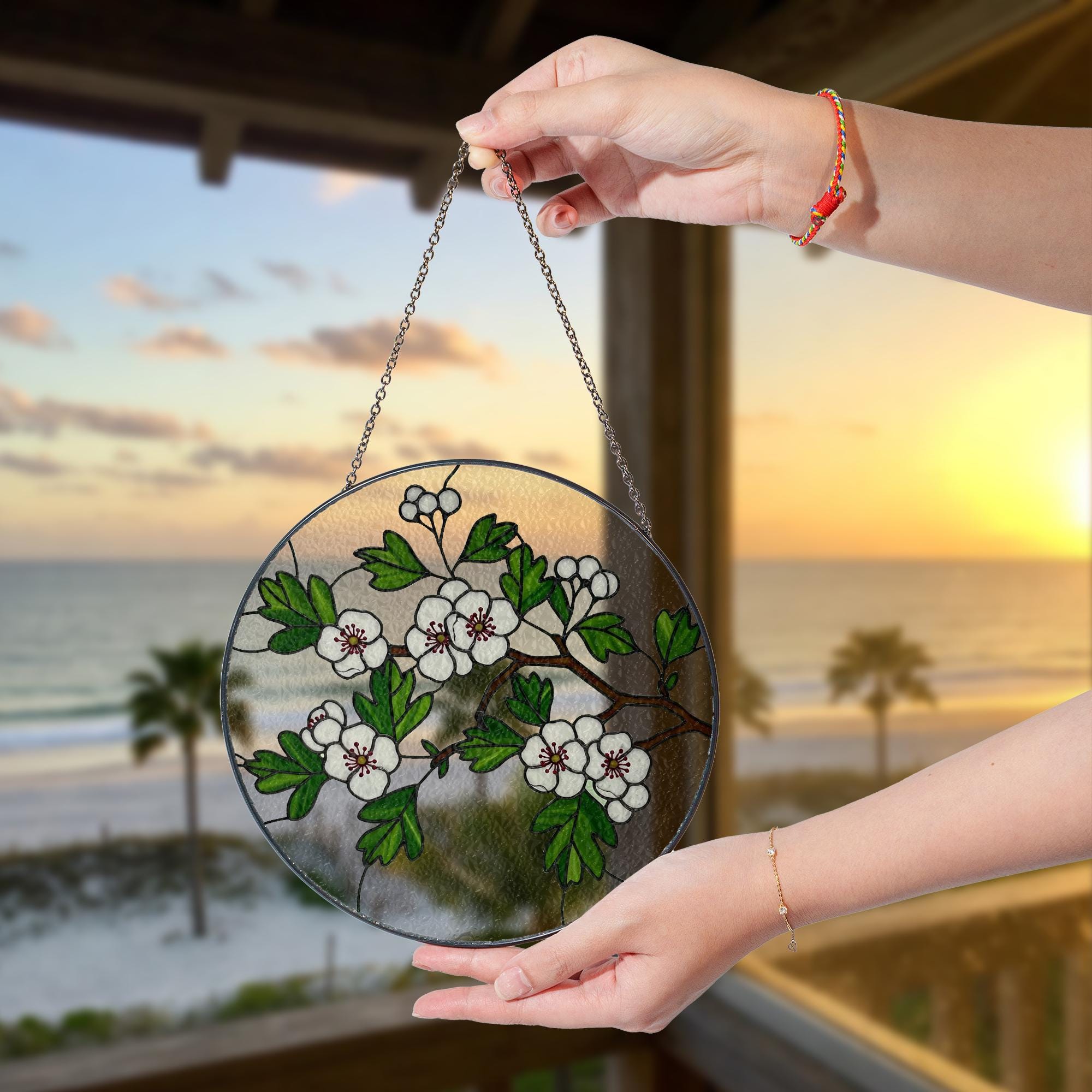 Hawthorn Glass Suncatcher Window Hanging | Botanical Sun Catcher Decor | Nature-Inspired Glass Style | Floral Window Art, Gift For Mom