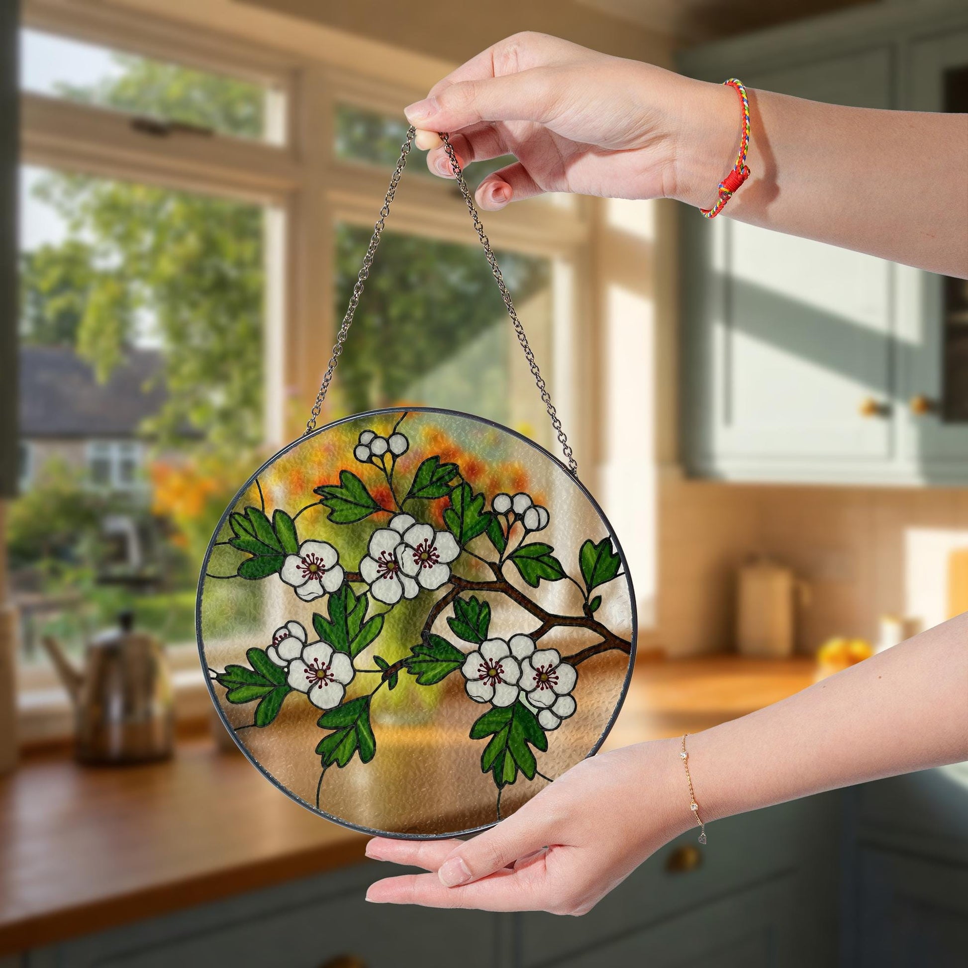 Hawthorn Glass Suncatcher Window Hanging | Botanical Sun Catcher Decor | Nature-Inspired Glass Style | Floral Window Art, Gift For Mom