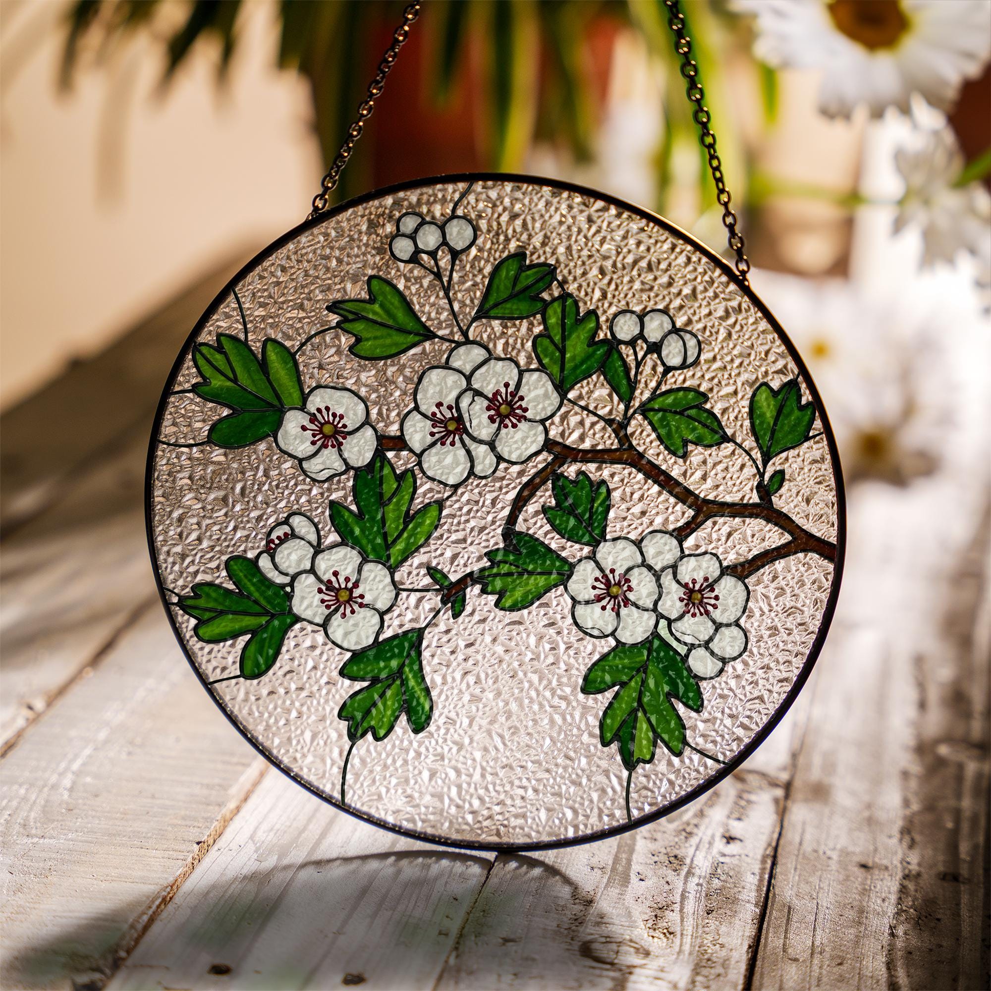 Hawthorn Glass Suncatcher Window Hanging | Botanical Sun Catcher Decor | Nature-Inspired Glass Style | Floral Window Art, Gift For Mom