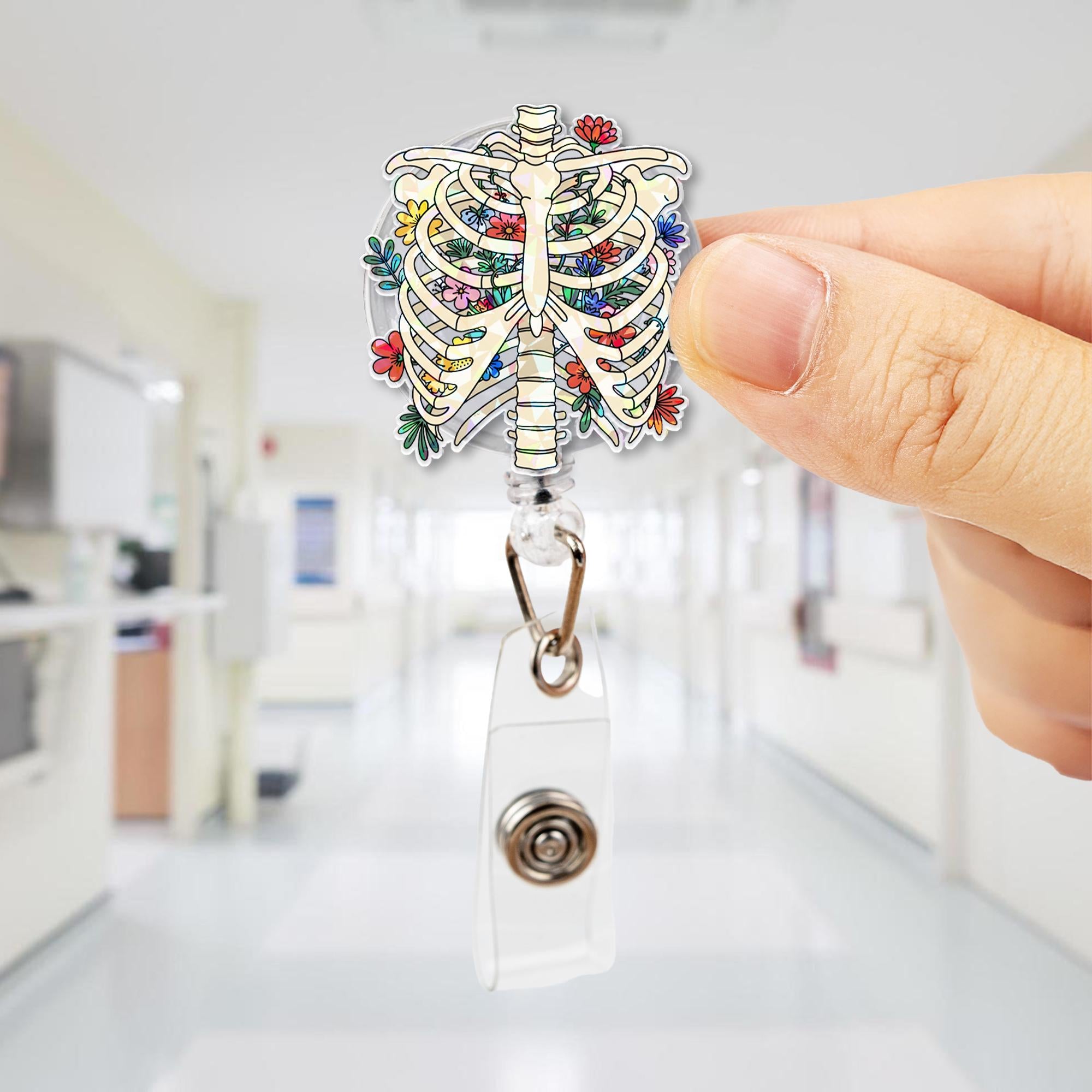 Floral Rib Cage Badge Reel – Anatomical Skeleton ID Holder with Flowers – Cute Retractable Clip for Nurses, Med Students & Techs