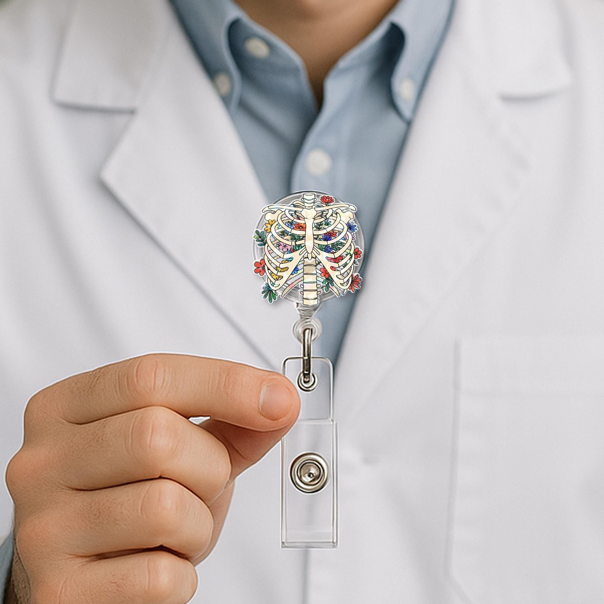 Floral Rib Cage Badge Reel – Anatomical Skeleton ID Holder with Flowers – Cute Retractable Clip for Nurses, Med Students & Techs