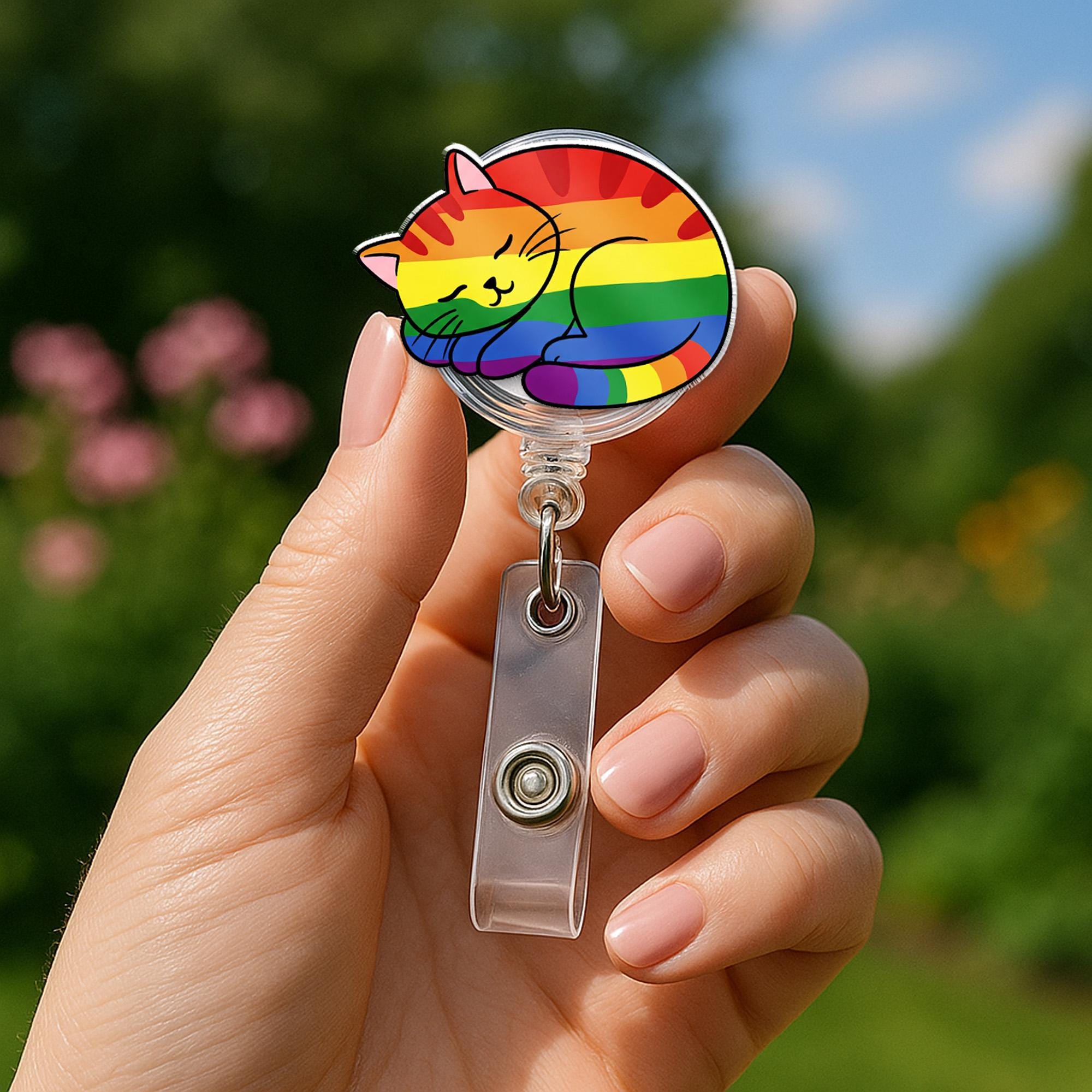 LGBT Cat Badge Reel | Pride ID Holder for Nurses & Teachers | Cute Rainbow Cat Badge Clip | LGBTQ+ Accessory | Queer Cat Gift