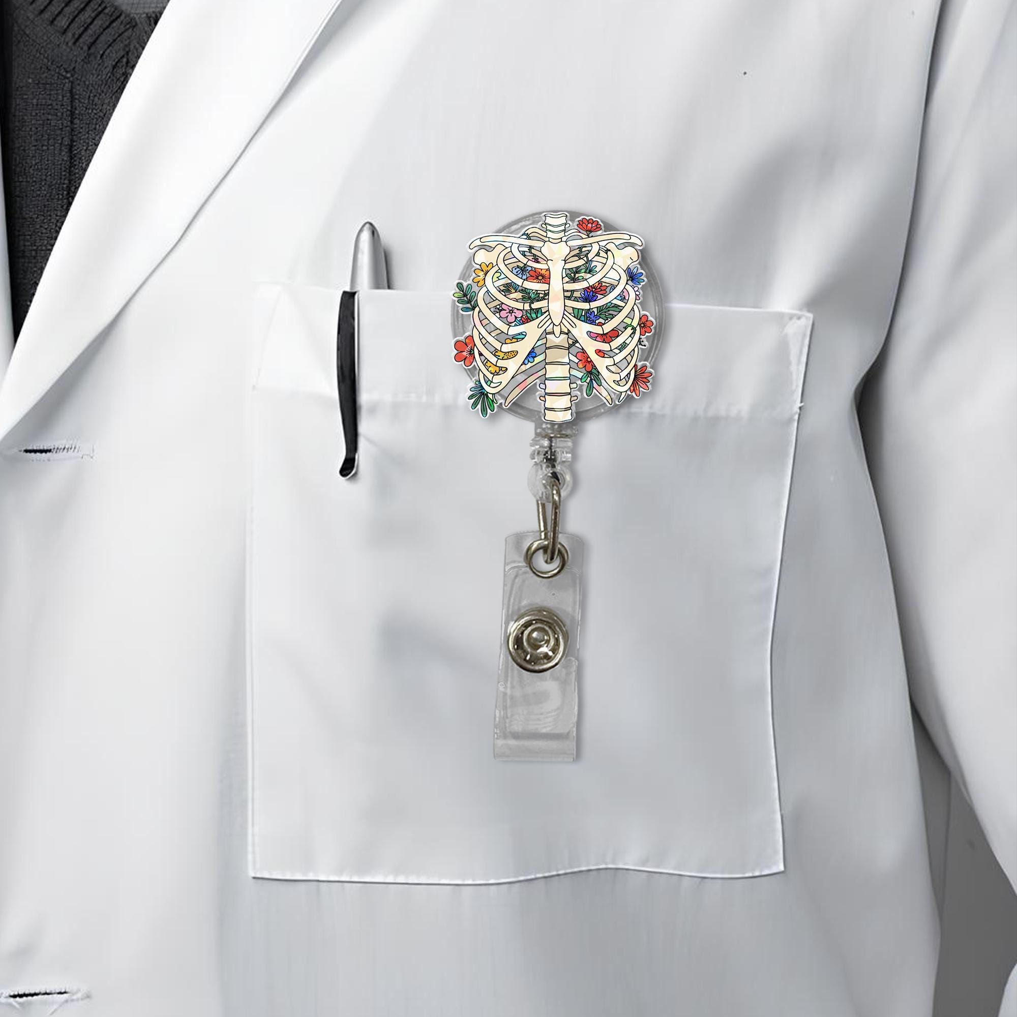 Floral Rib Cage Badge Reel – Anatomical Skeleton ID Holder with Flowers – Cute Retractable Clip for Nurses, Med Students & Techs