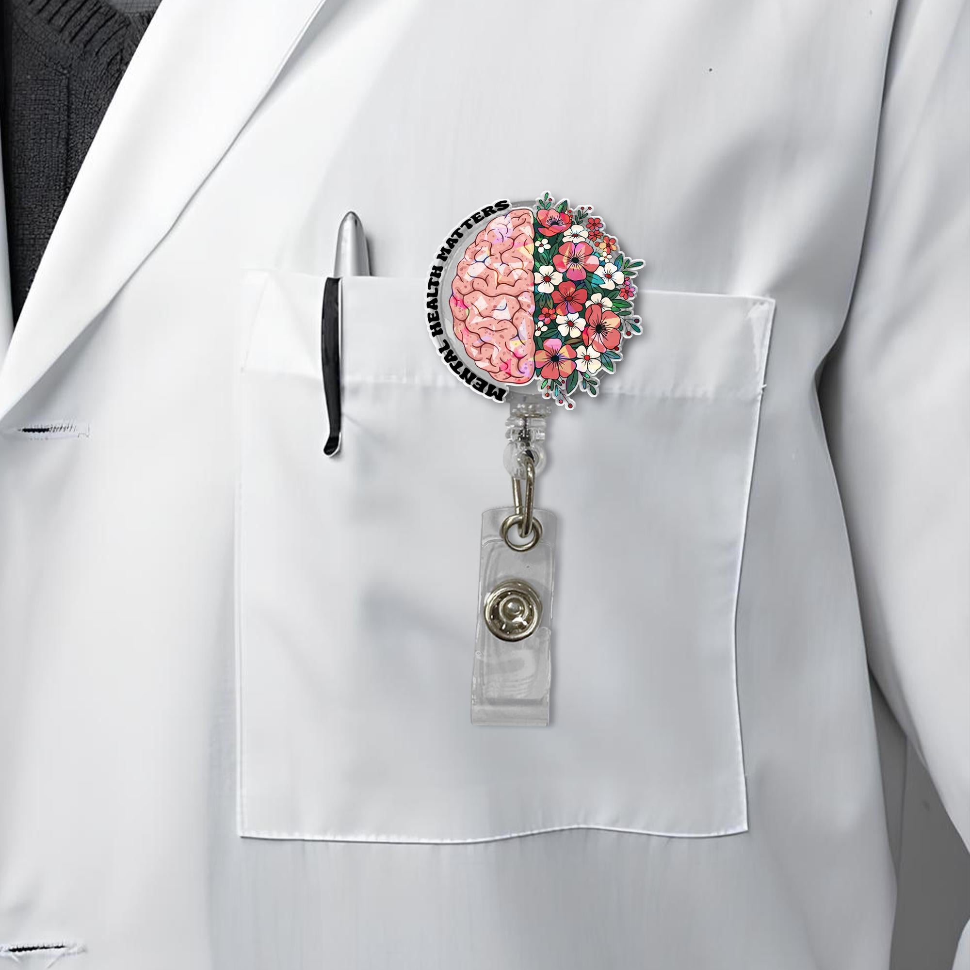 Mental Health Matters Badge Reel – Brain and Flowers ID Holder – Inspirational Retractable Clip for Therapists, Nurses & Advocates