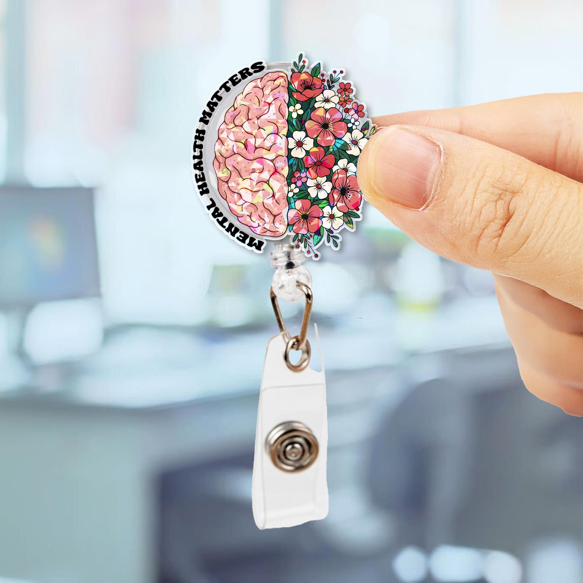 Mental Health Matters Badge Reel – Brain and Flowers ID Holder – Inspirational Retractable Clip for Therapists, Nurses & Advocates