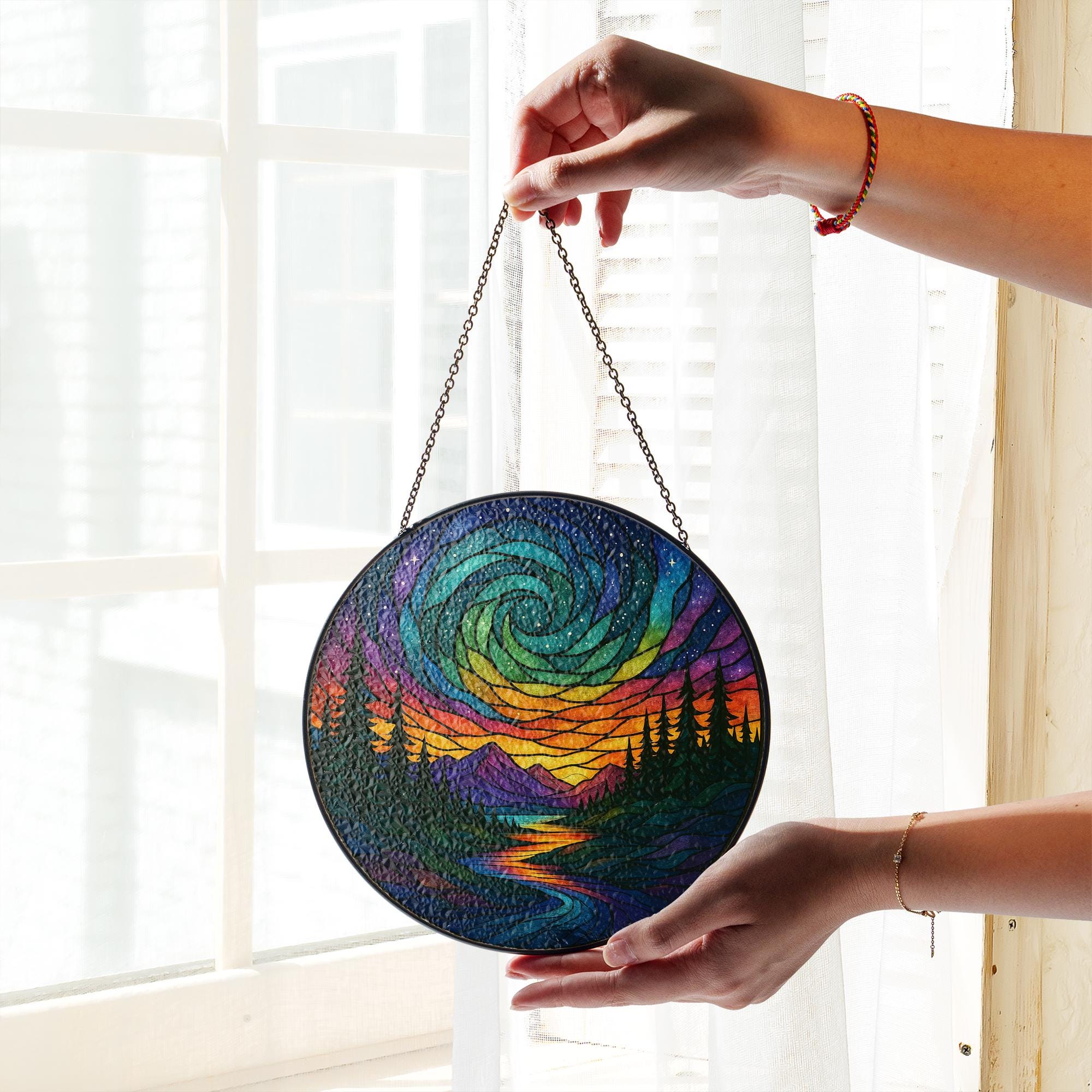 Rainbow Forest Glass Suncatcher  – Colorful Nature Landscape Art for Home or Garden Gift, Nature Inspired Garden Lover Gift Home Decor