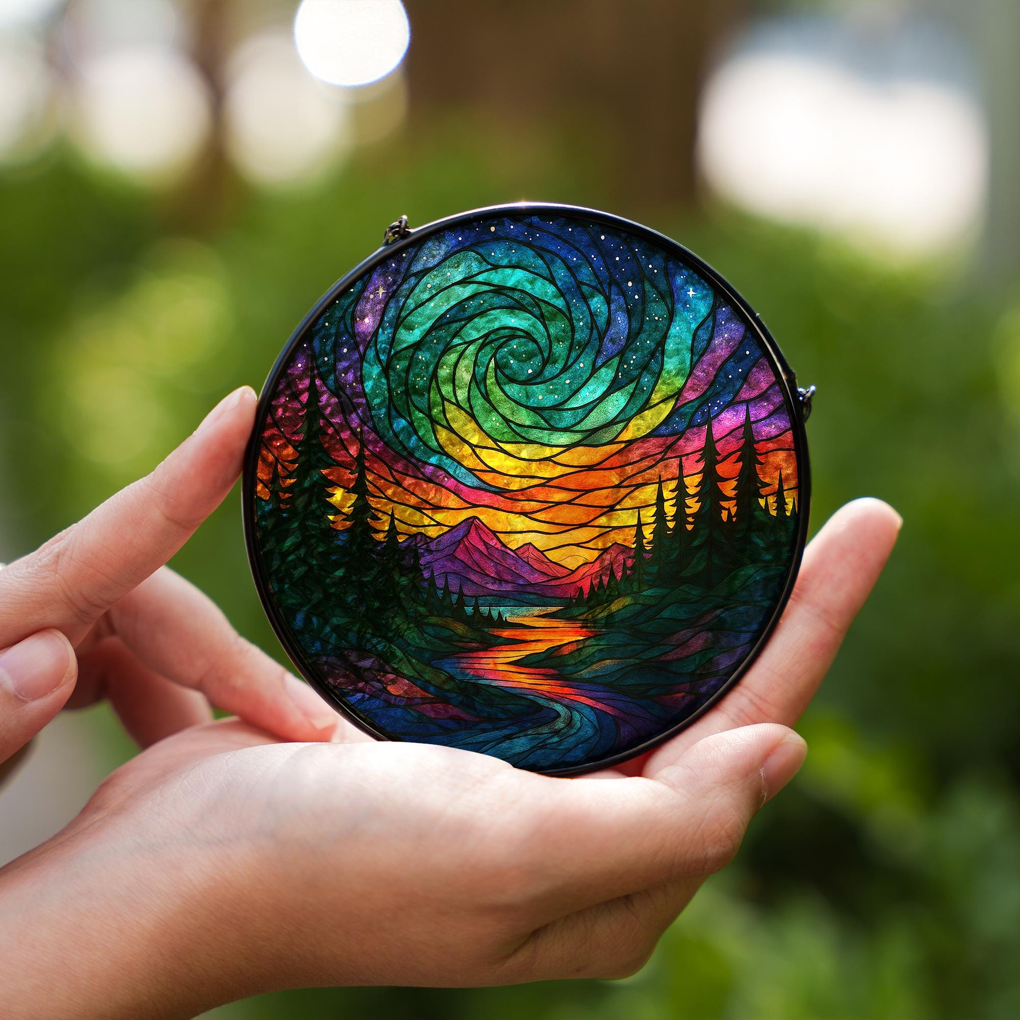 Rainbow Forest Glass Suncatcher  – Colorful Nature Landscape Art for Home or Garden Gift, Nature Inspired Garden Lover Gift Home Decor