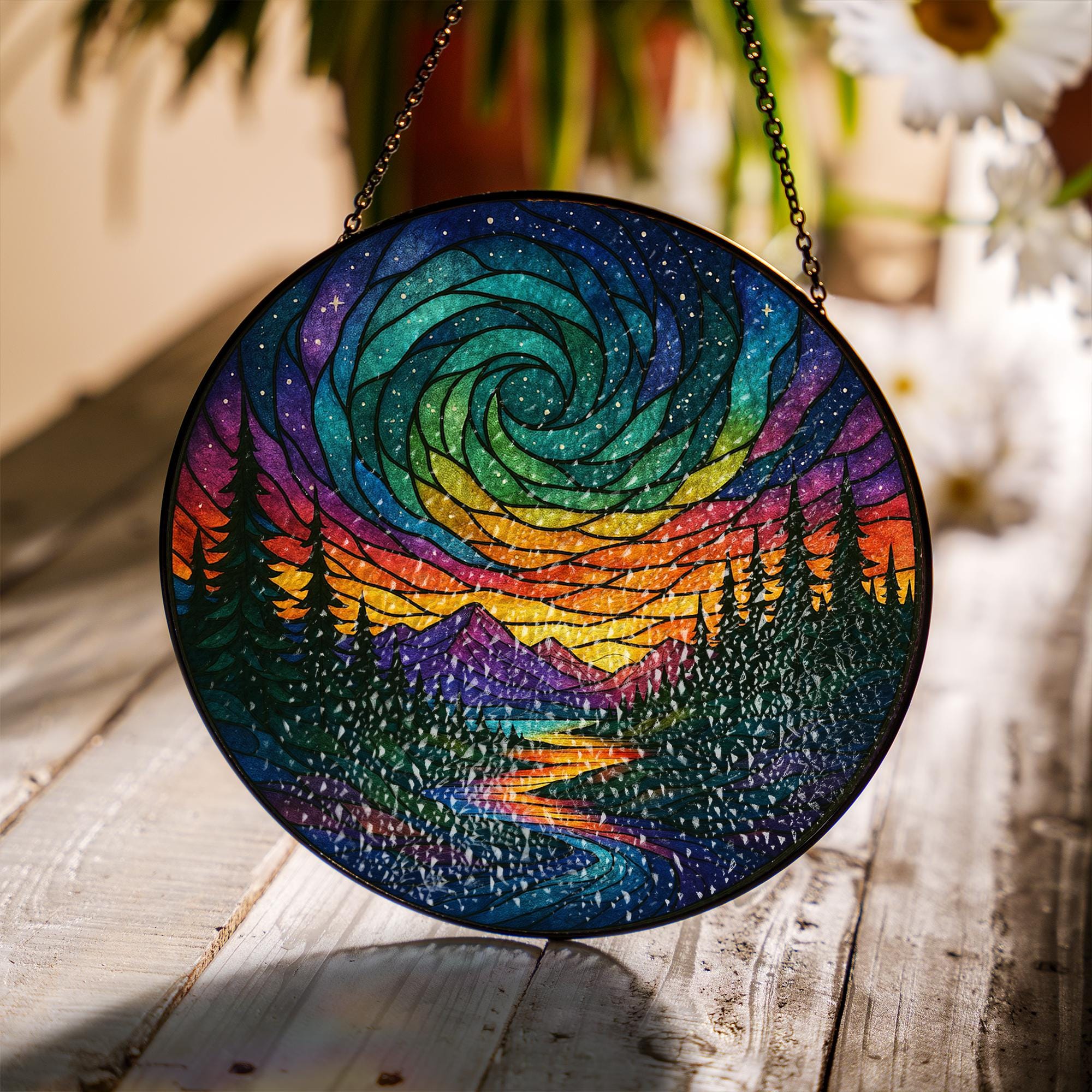 Rainbow Forest Glass Suncatcher  – Colorful Nature Landscape Art for Home or Garden Gift, Nature Inspired Garden Lover Gift Home Decor