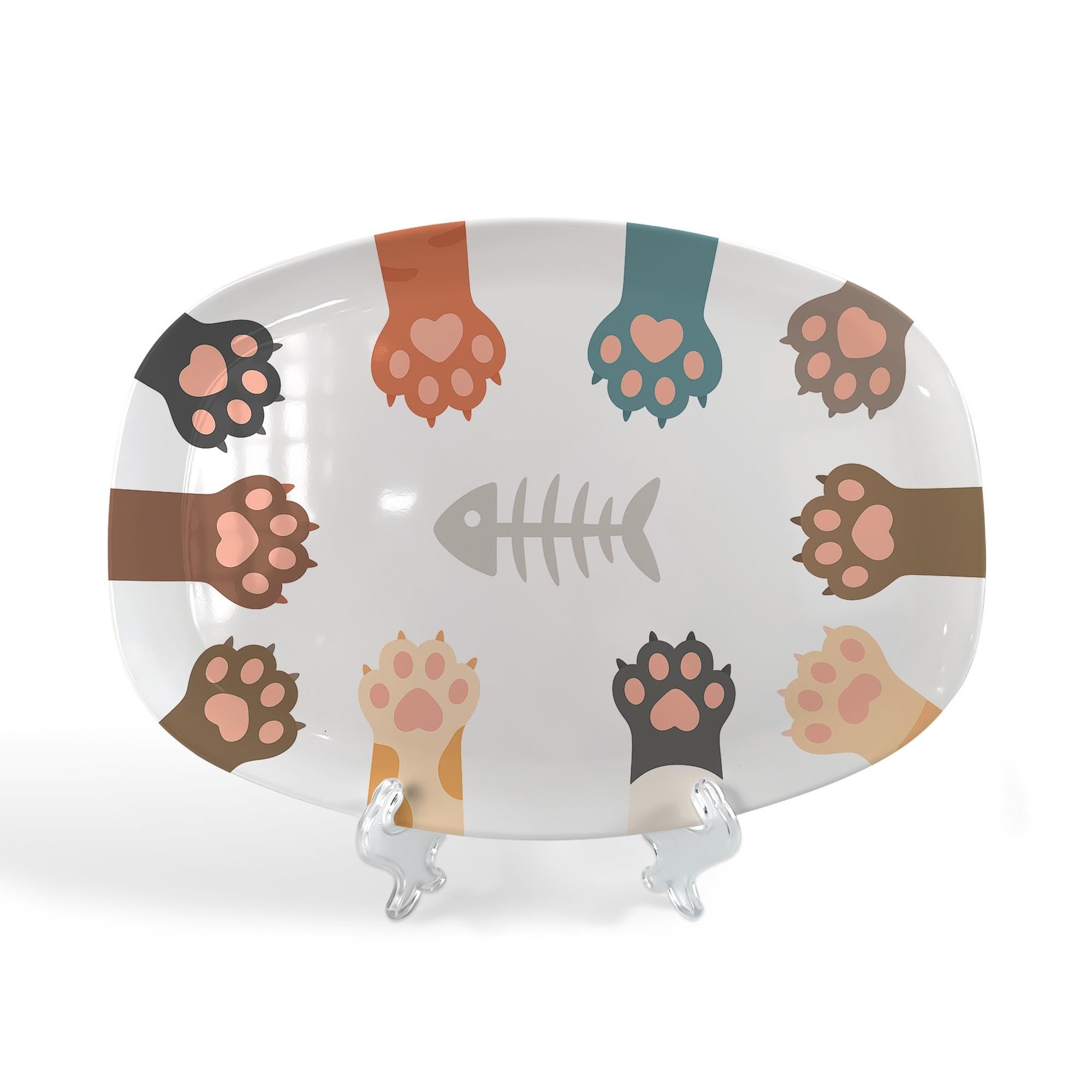 Cute Cat Paw Platter – Fishbone Design Ceramic Tray, Cat Lover Kitchen Decor, Pet Themed Serving Dish for Home or Gift