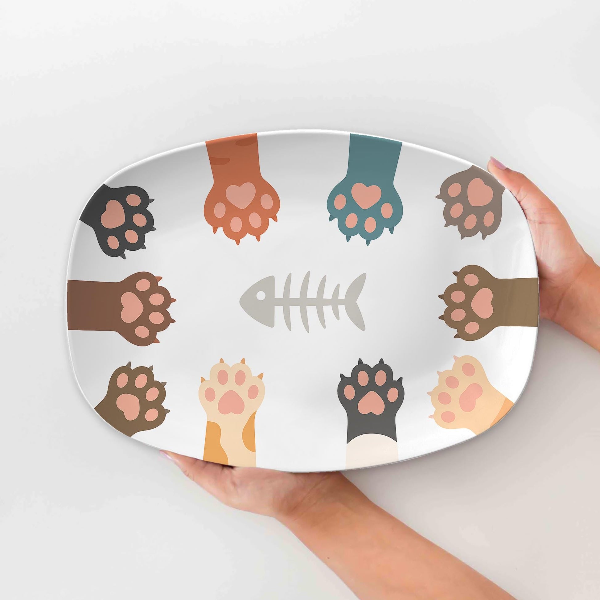Cute Cat Paw Platter – Fishbone Design Ceramic Tray, Cat Lover Kitchen Decor, Pet Themed Serving Dish for Home or Gift
