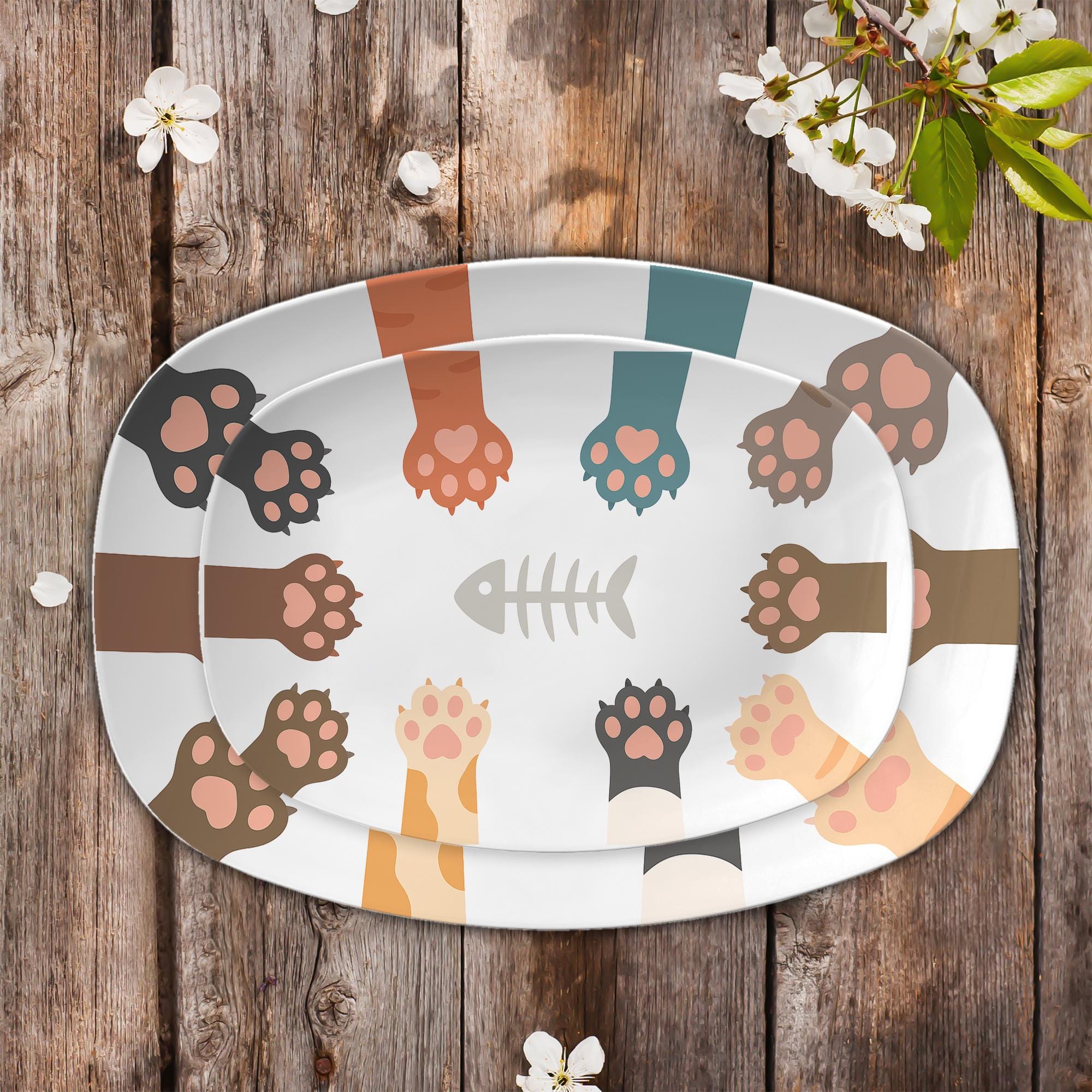 Cute Cat Paw Platter – Fishbone Design Ceramic Tray, Cat Lover Kitchen Decor, Pet Themed Serving Dish for Home or Gift