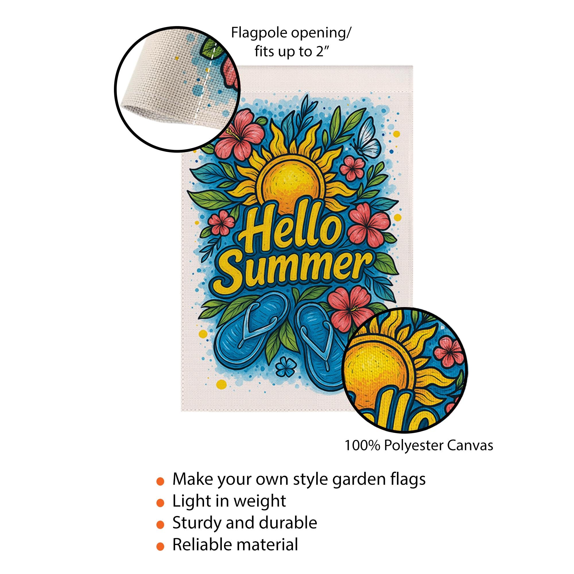 Hello Summer Garden Flag – Bright Flip Flop & Sunflower Outdoor Decor, Colorful Floral Yard Flag for Summer Porch or Garden Display