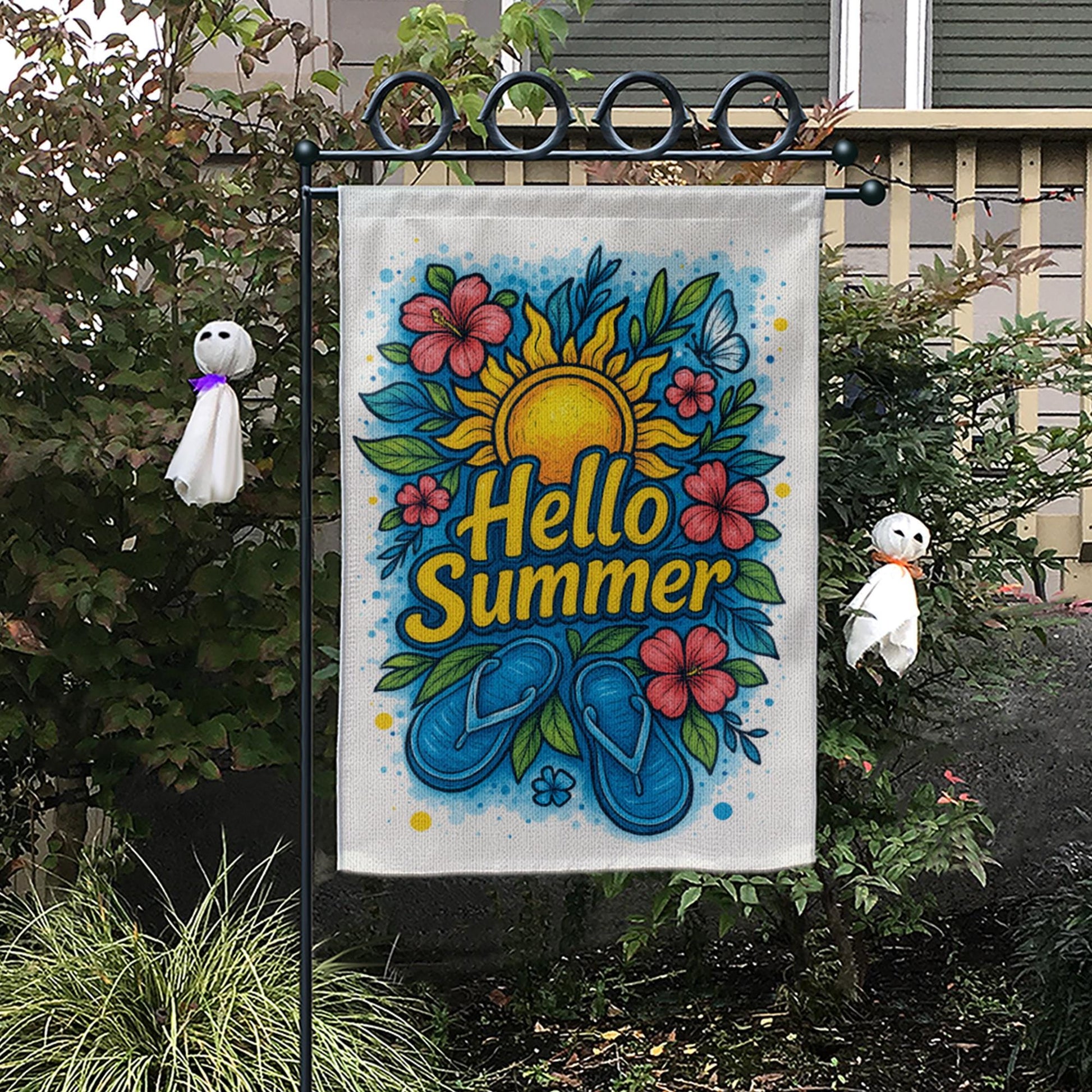 Hello Summer Garden Flag – Bright Flip Flop & Sunflower Outdoor Decor, Colorful Floral Yard Flag for Summer Porch or Garden Display