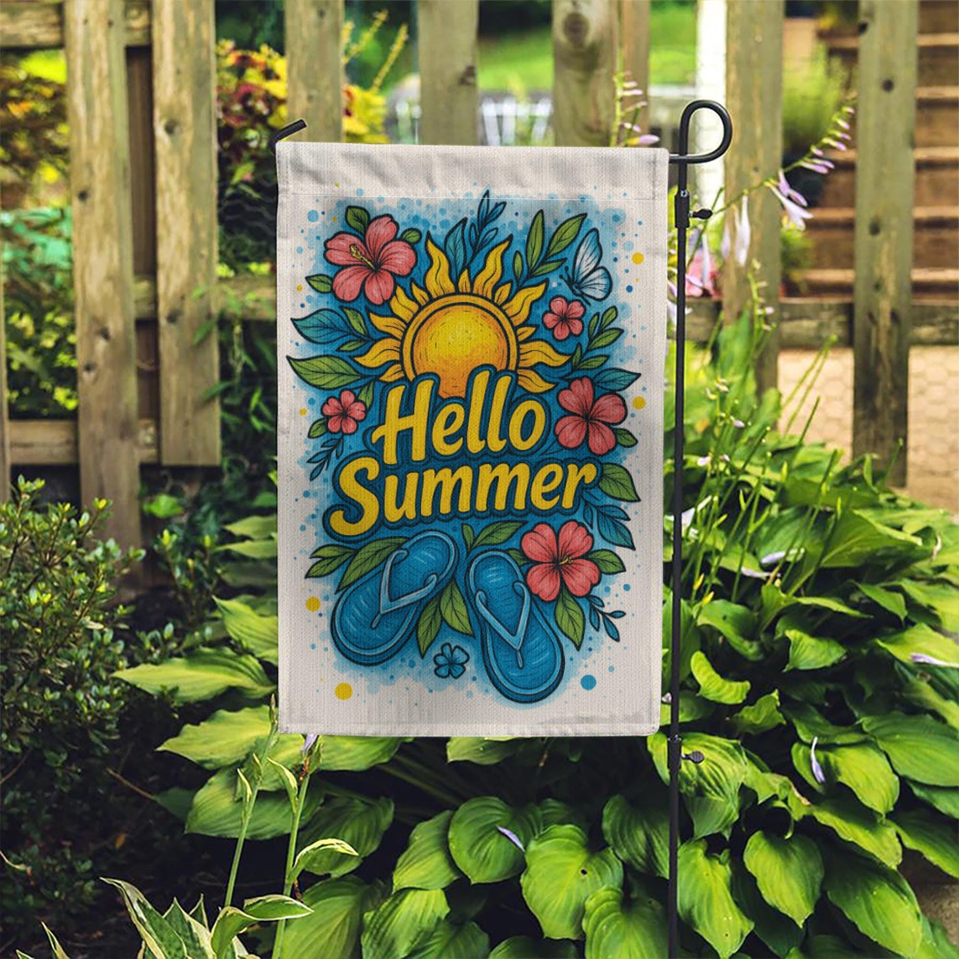 Hello Summer Garden Flag – Bright Flip Flop & Sunflower Outdoor Decor, Colorful Floral Yard Flag for Summer Porch or Garden Display