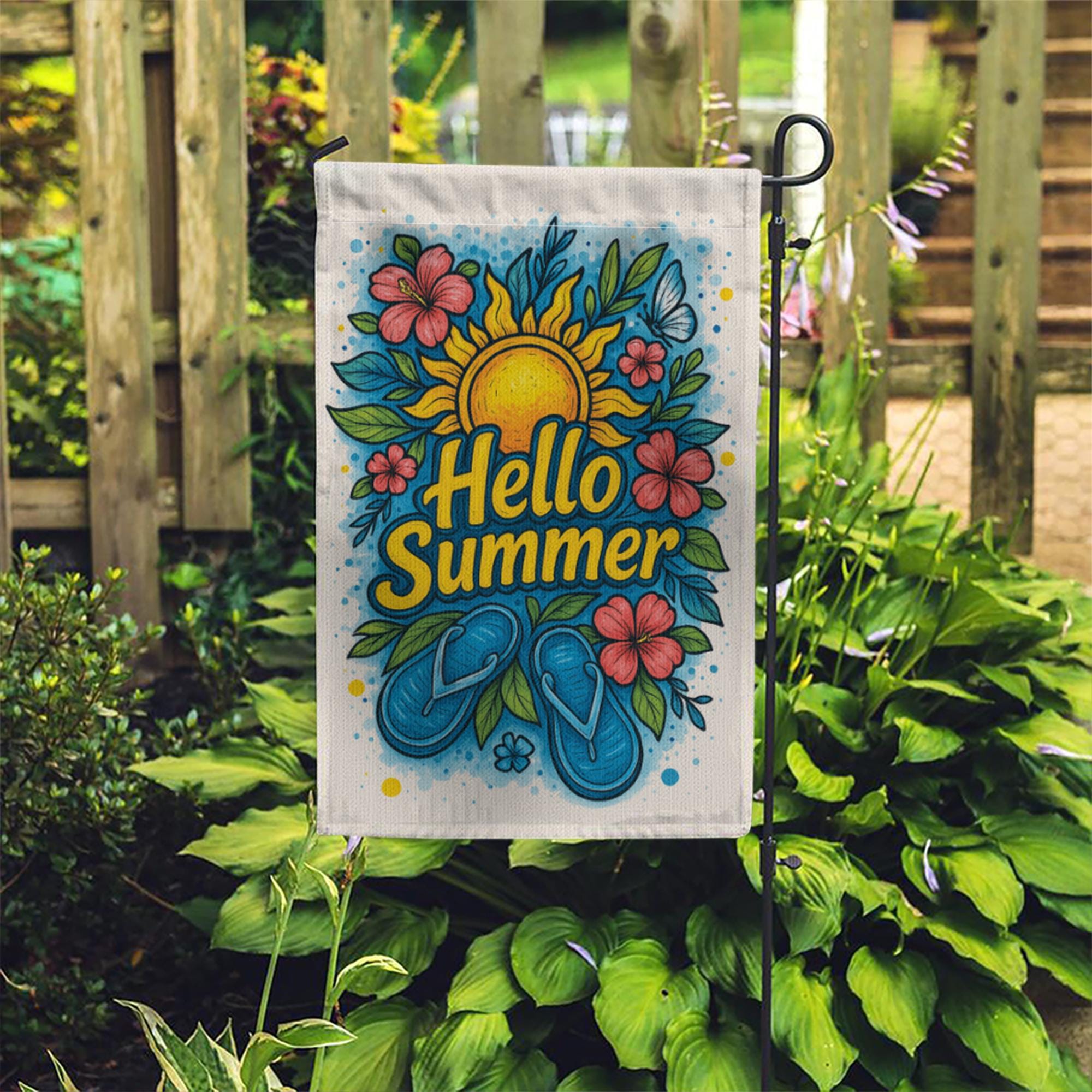 Hello Summer Garden Flag – Bright Flip Flop & Sunflower Outdoor Decor, Colorful Floral Yard Flag for Summer Porch or Garden Display