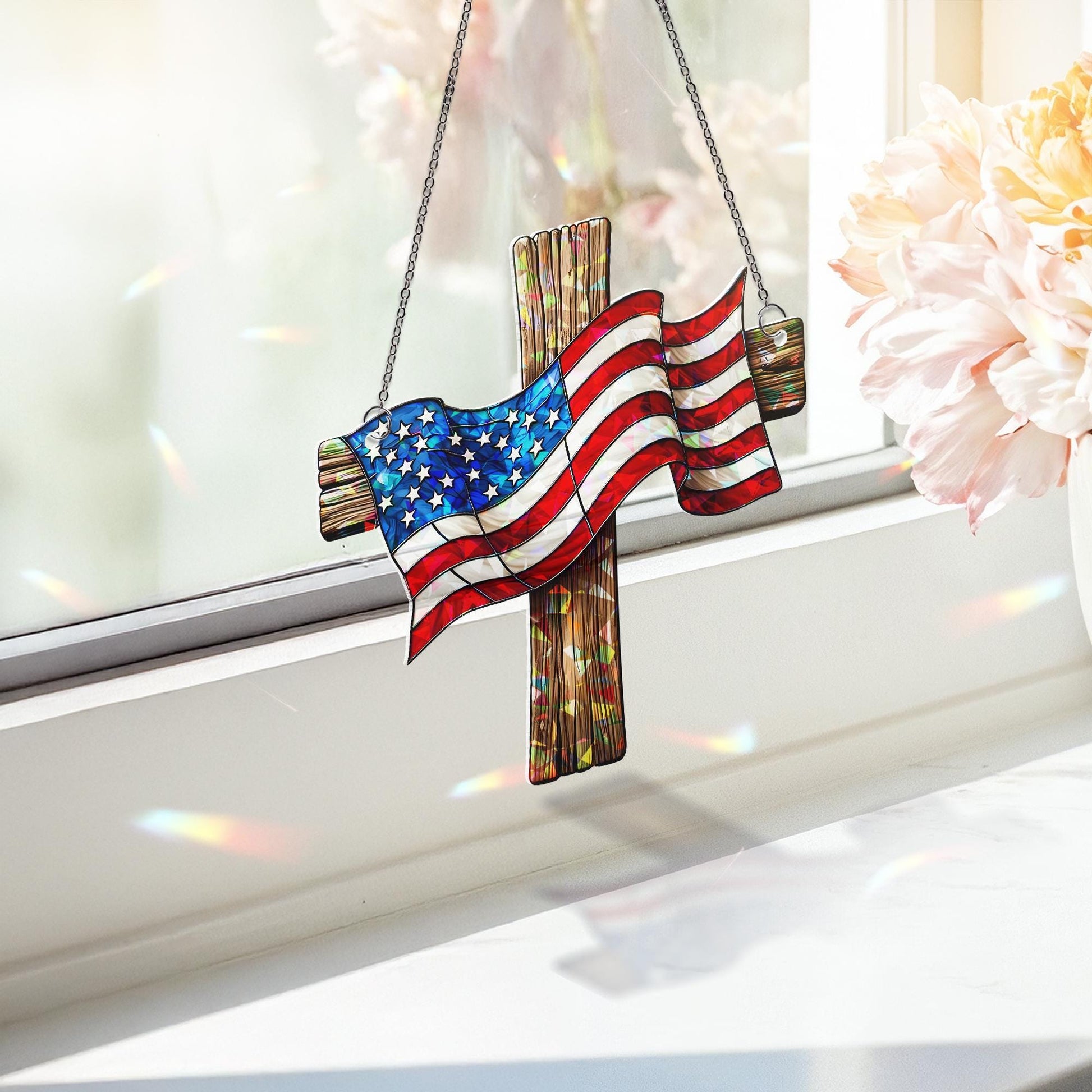 Patriotic Cross Acrylic Window Hanging – American Flag Suncatcher for 4th of July, Independence Day Christian Home Decor
