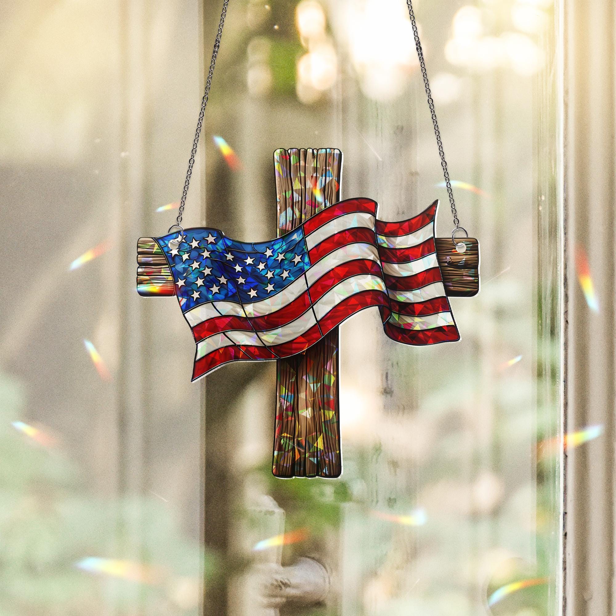 Patriotic Cross Acrylic Window Hanging – American Flag Suncatcher for 4th of July, Independence Day Christian Home Decor