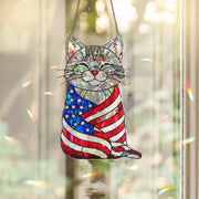 Patriotic Cat Acrylic Window Hanging – 4th of July Suncatcher with American Flag, Cute Independence Day Decor for Cat Lovers