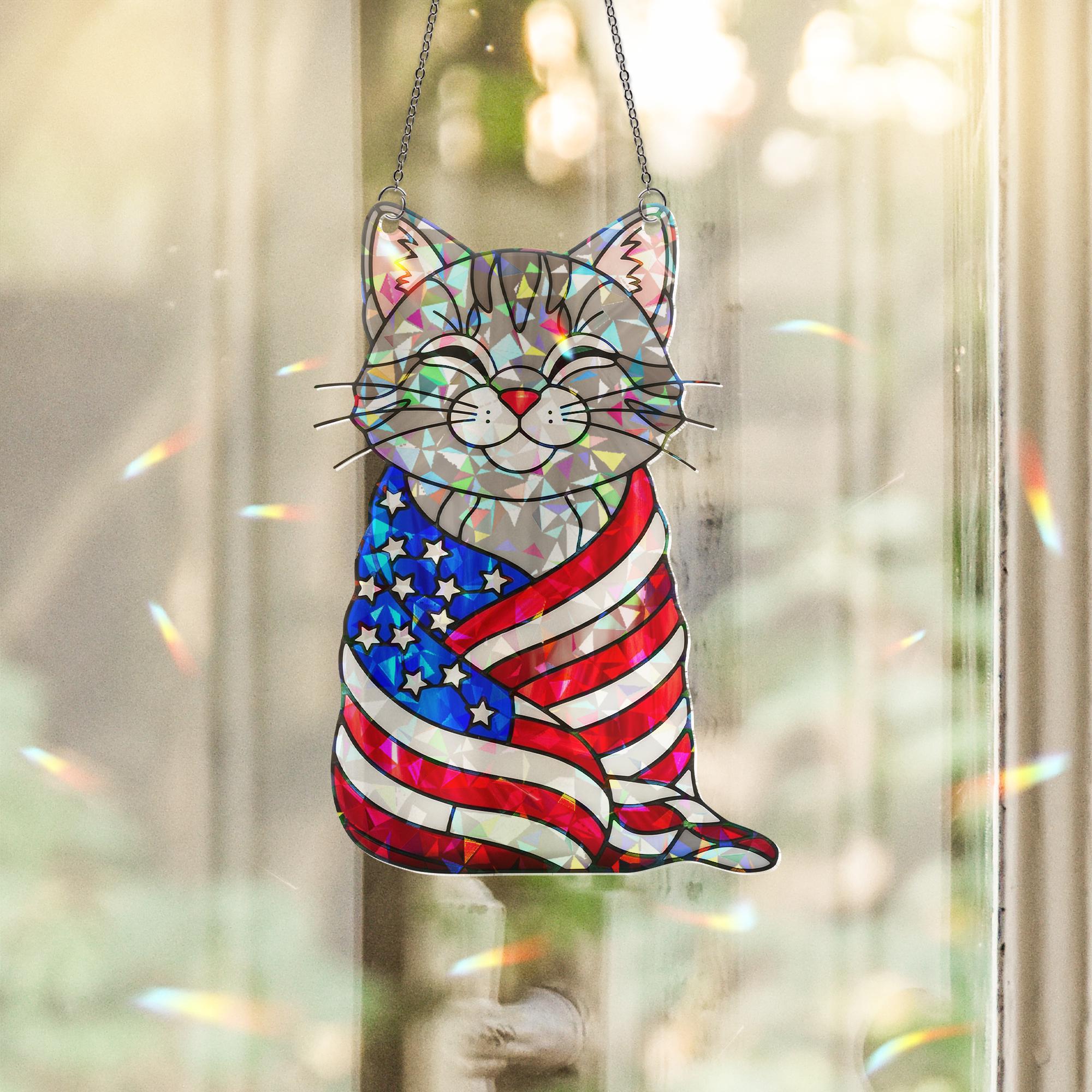 Patriotic Cat Acrylic Window Hanging – 4th of July Suncatcher with American Flag, Cute Independence Day Decor for Cat Lovers