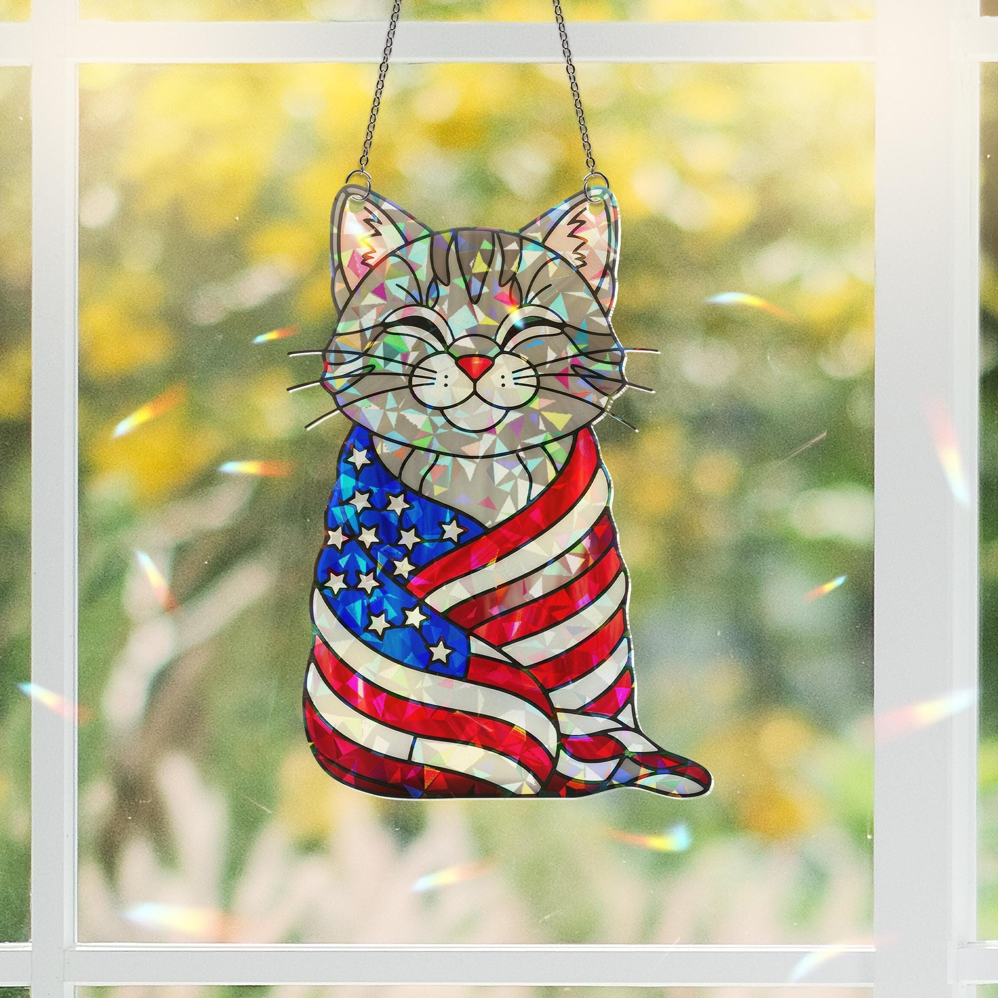 Patriotic Cat Acrylic Window Hanging – 4th of July Suncatcher with American Flag, Cute Independence Day Decor for Cat Lovers