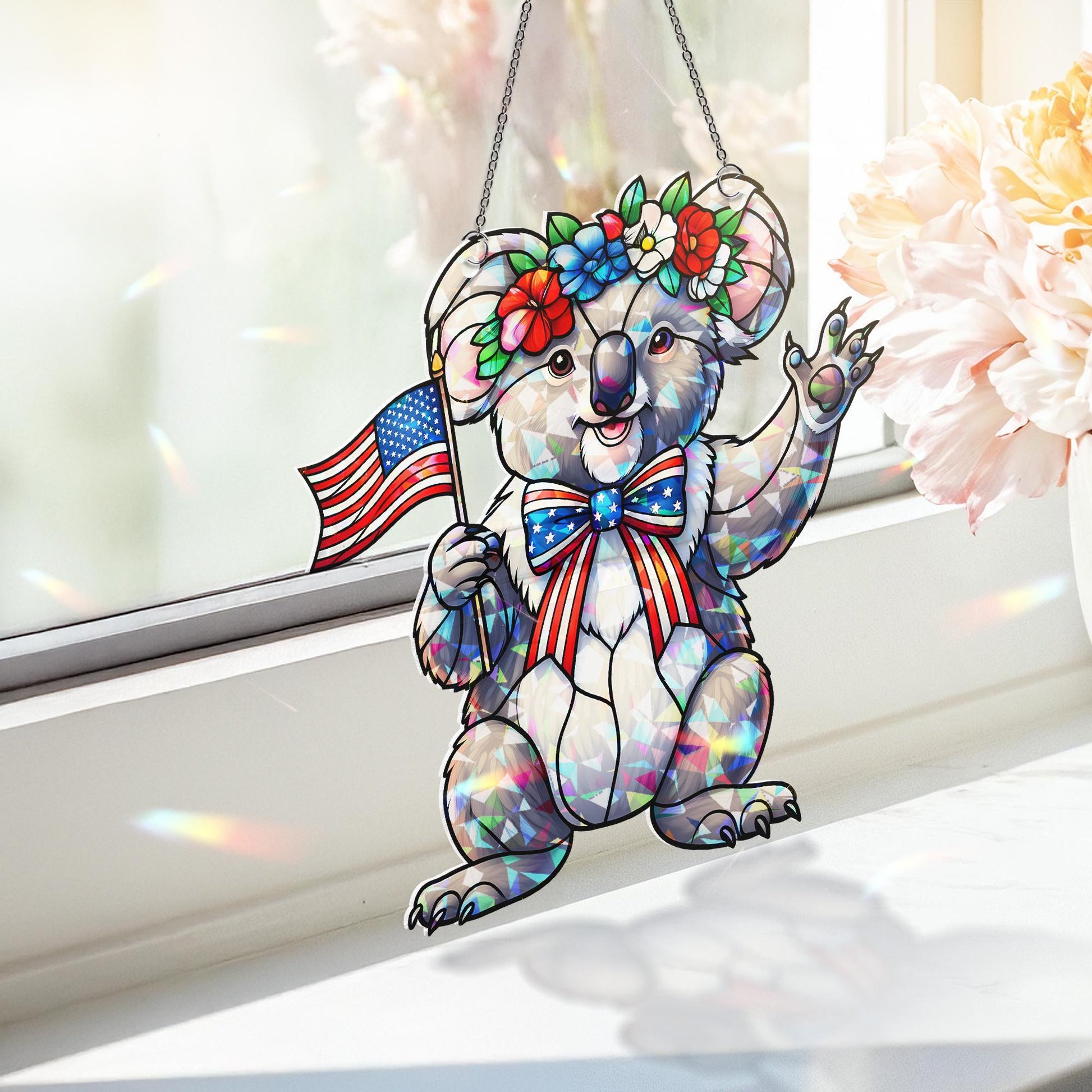 4th of July Koala Acrylic Window Hanging – Patriotic Suncatcher with Flag and Flowers, Cute Independence Day Window Decor