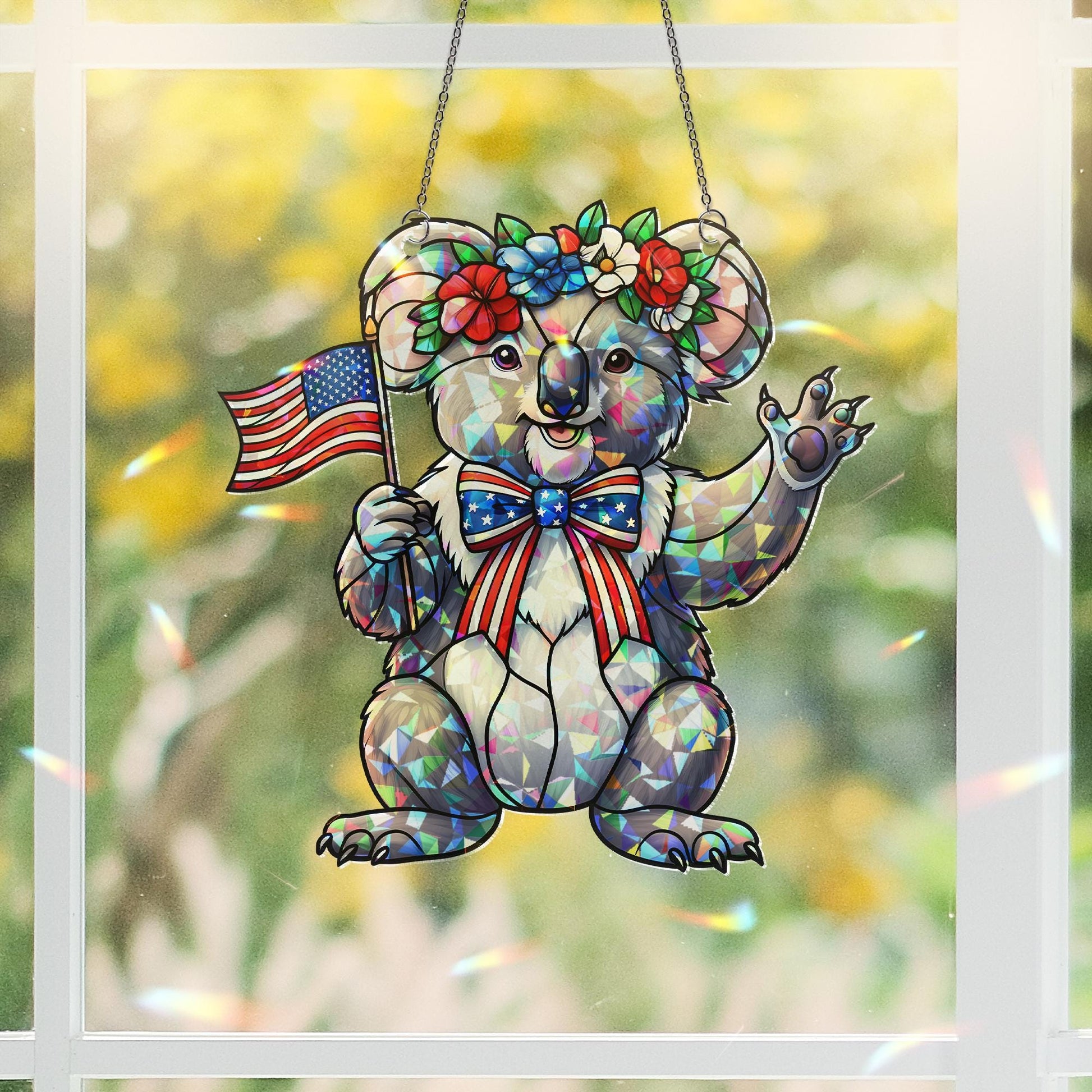 4th of July Koala Acrylic Window Hanging – Patriotic Suncatcher with Flag and Flowers, Cute Independence Day Window Decor