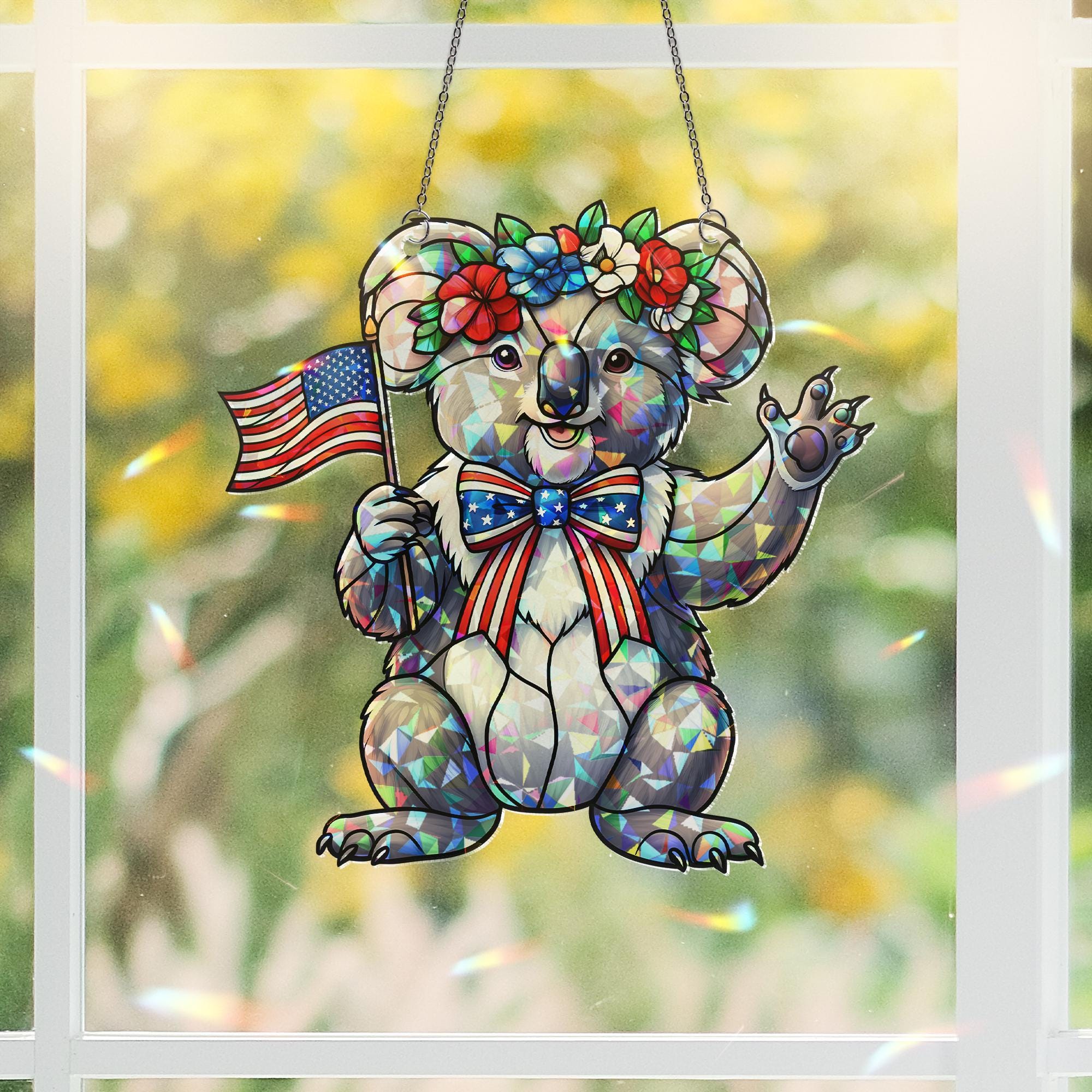 4th of July Koala Acrylic Window Hanging – Patriotic Suncatcher with Flag and Flowers, Cute Independence Day Window Decor