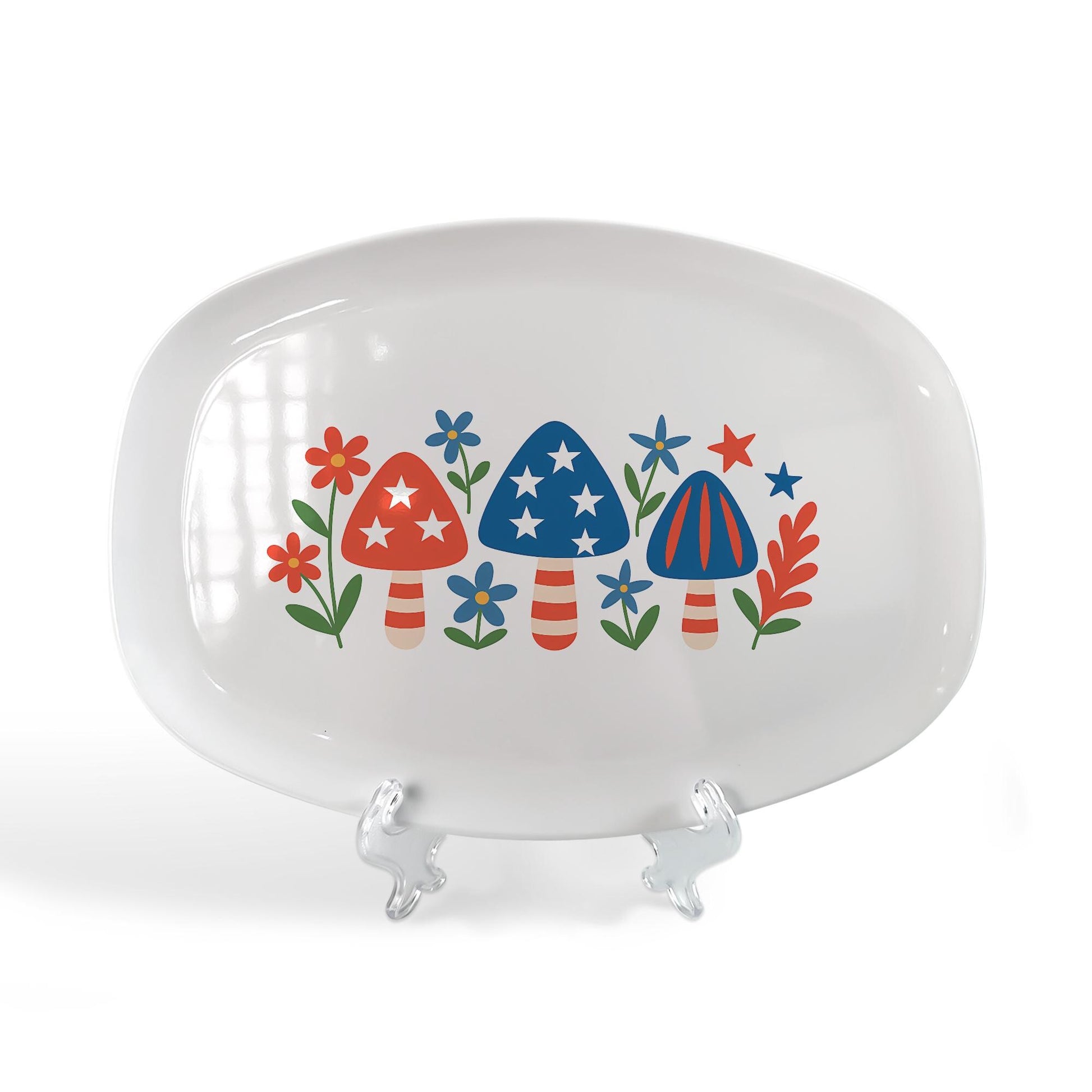 Patriotic Mushroom Platter – 4th of July Stars and Stripes Serving Tray, Red White Blue Summer BBQ Tableware, Independence Day Decor