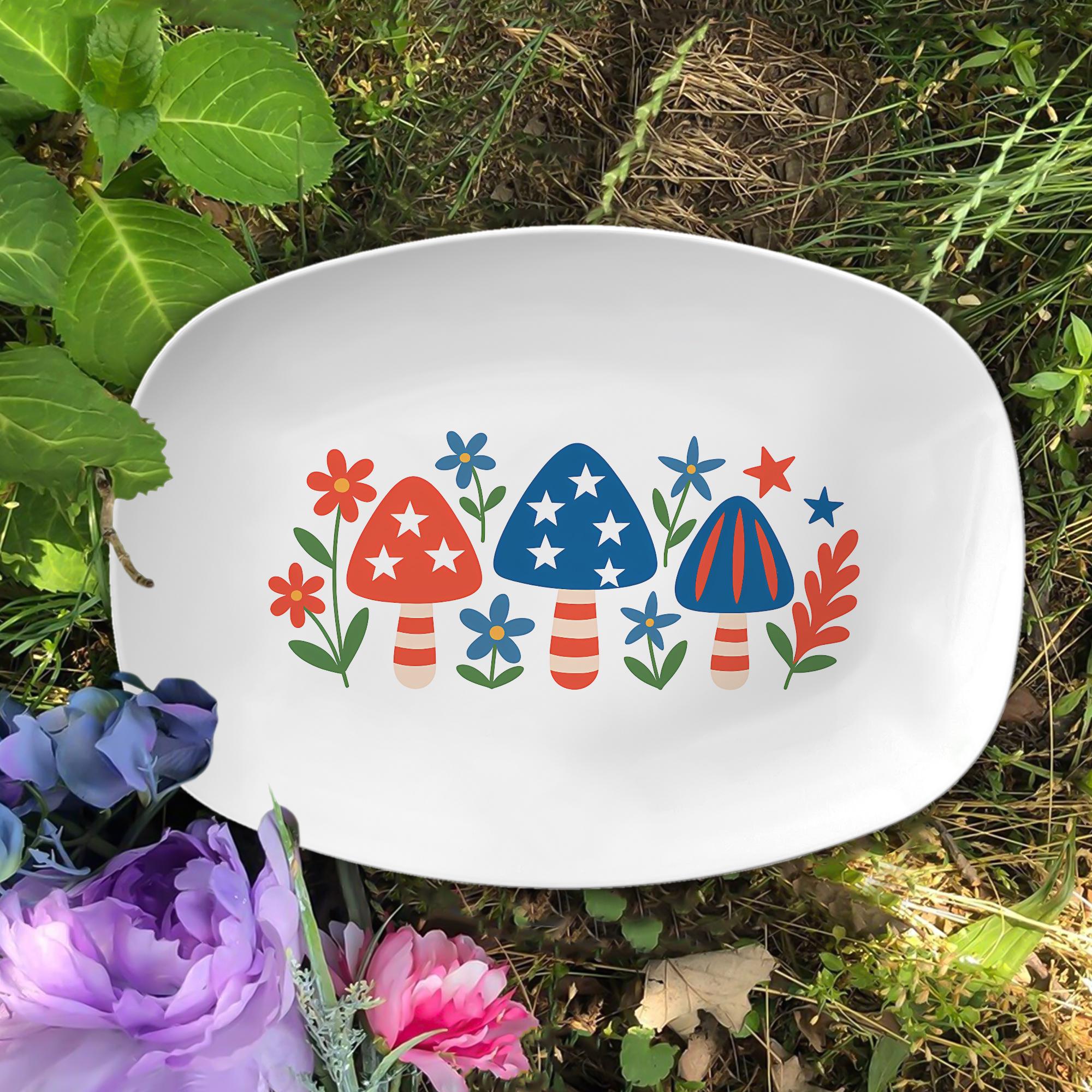 Patriotic Mushroom Platter – 4th of July Stars and Stripes Serving Tray, Red White Blue Summer BBQ Tableware, Independence Day Decor