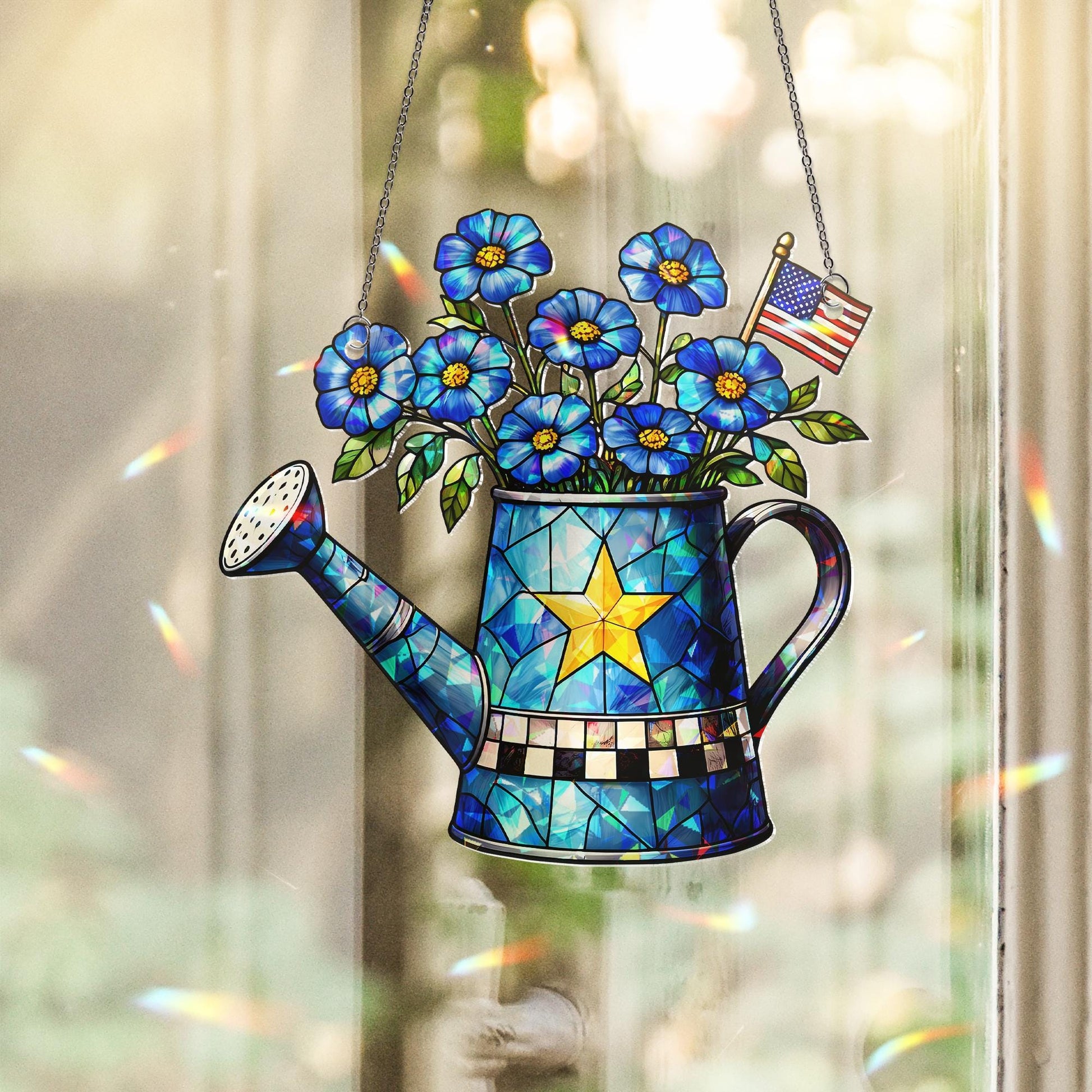 4th of July Acrylic Suncatcher – Watering Can with Blue Flowers & American Flag, Patriotic Window Hanging, Summer Home Decor