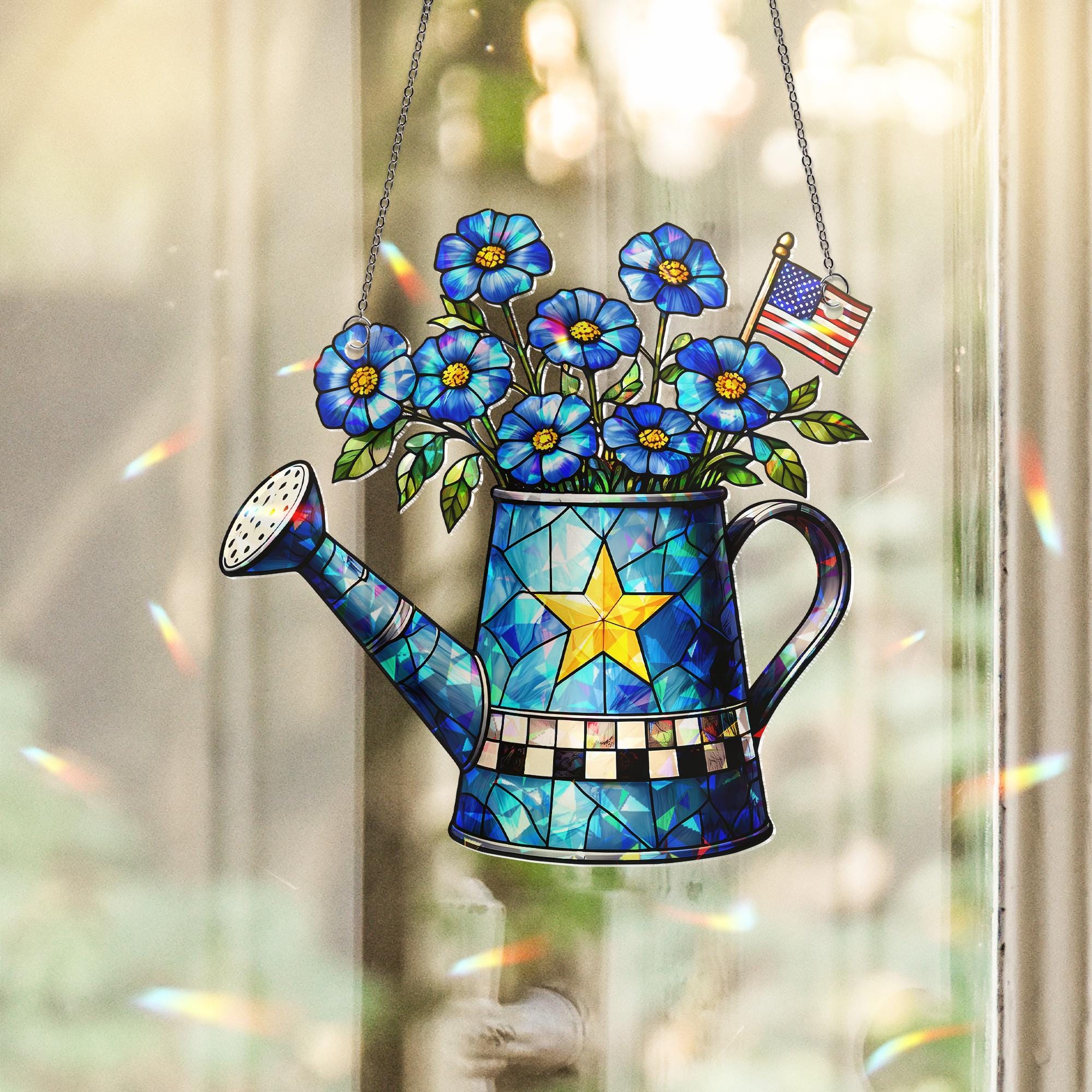 4th of July Acrylic Suncatcher – Watering Can with Blue Flowers & American Flag, Patriotic Window Hanging, Summer Home Decor