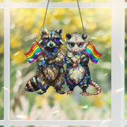 LGBT Acrylic Window Hanging – Raccoon & Opossum with Rainbow Flags, Cute Pride Suncatcher, Queer Animal Decor for Home or Office