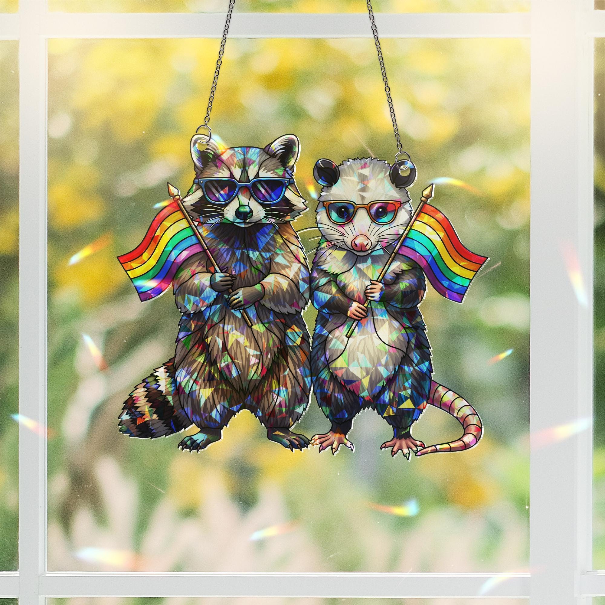 LGBT Acrylic Window Hanging – Raccoon & Opossum with Rainbow Flags, Cute Pride Suncatcher, Queer Animal Decor for Home or Office