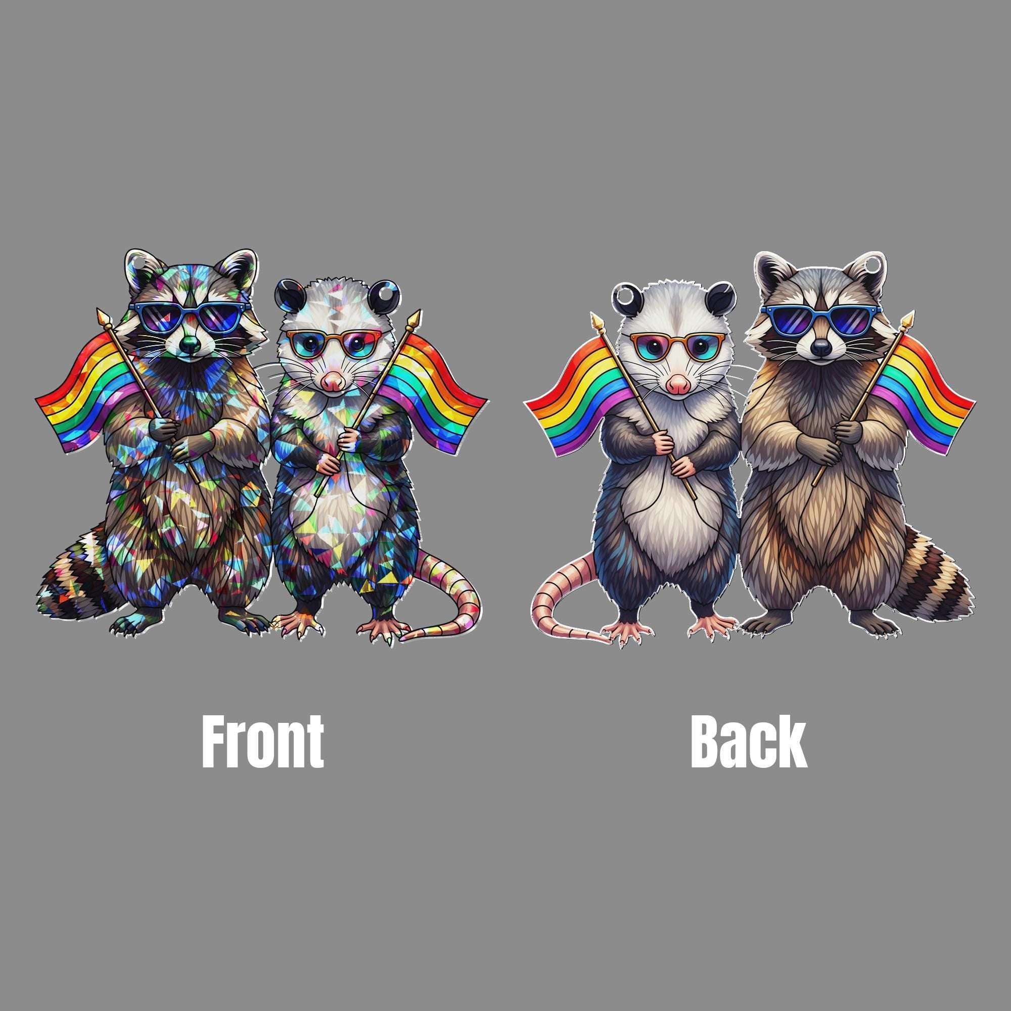 LGBT Acrylic Window Hanging – Raccoon & Opossum with Rainbow Flags, Cute Pride Suncatcher, Queer Animal Decor for Home or Office