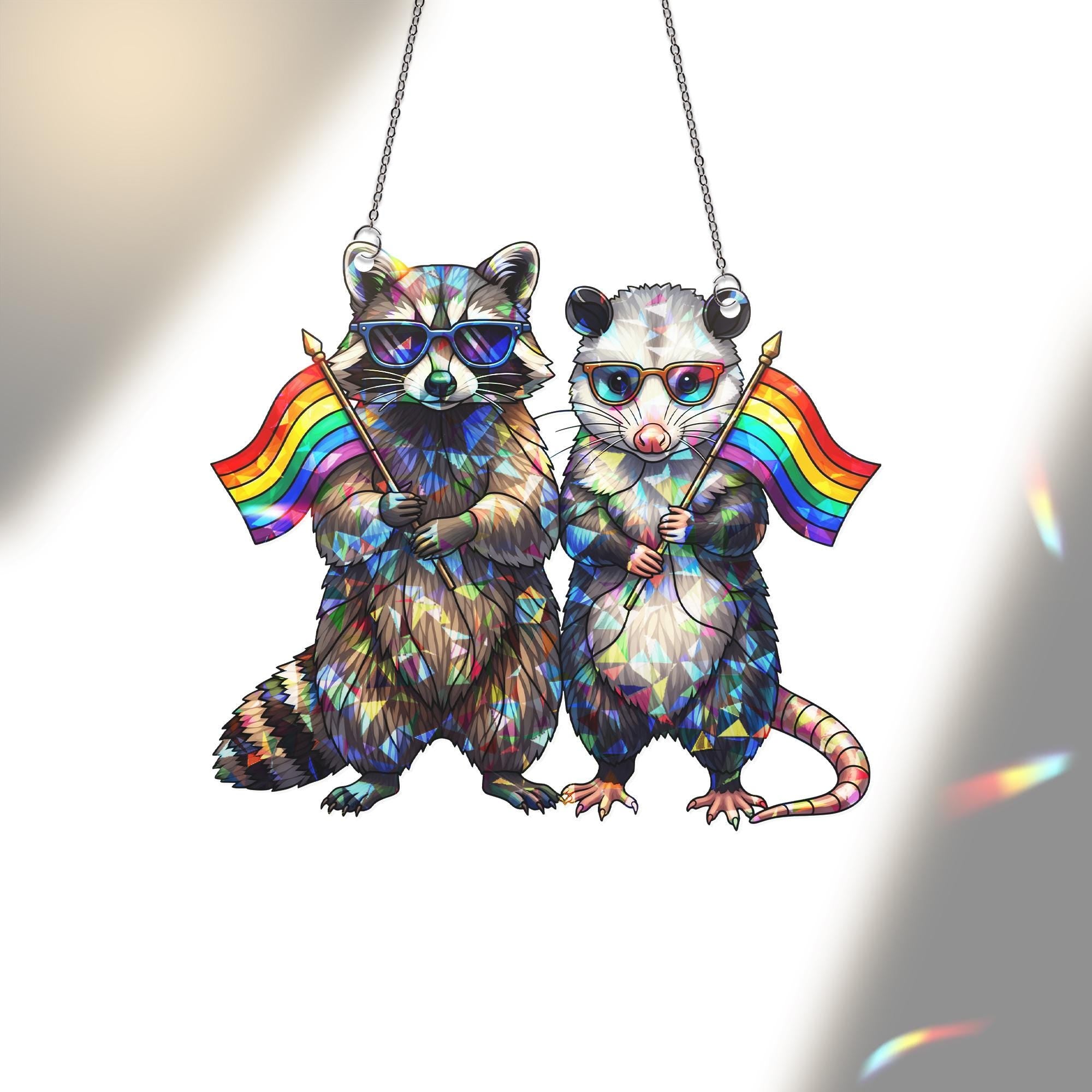 LGBT Acrylic Window Hanging – Raccoon & Opossum with Rainbow Flags, Cute Pride Suncatcher, Queer Animal Decor for Home or Office