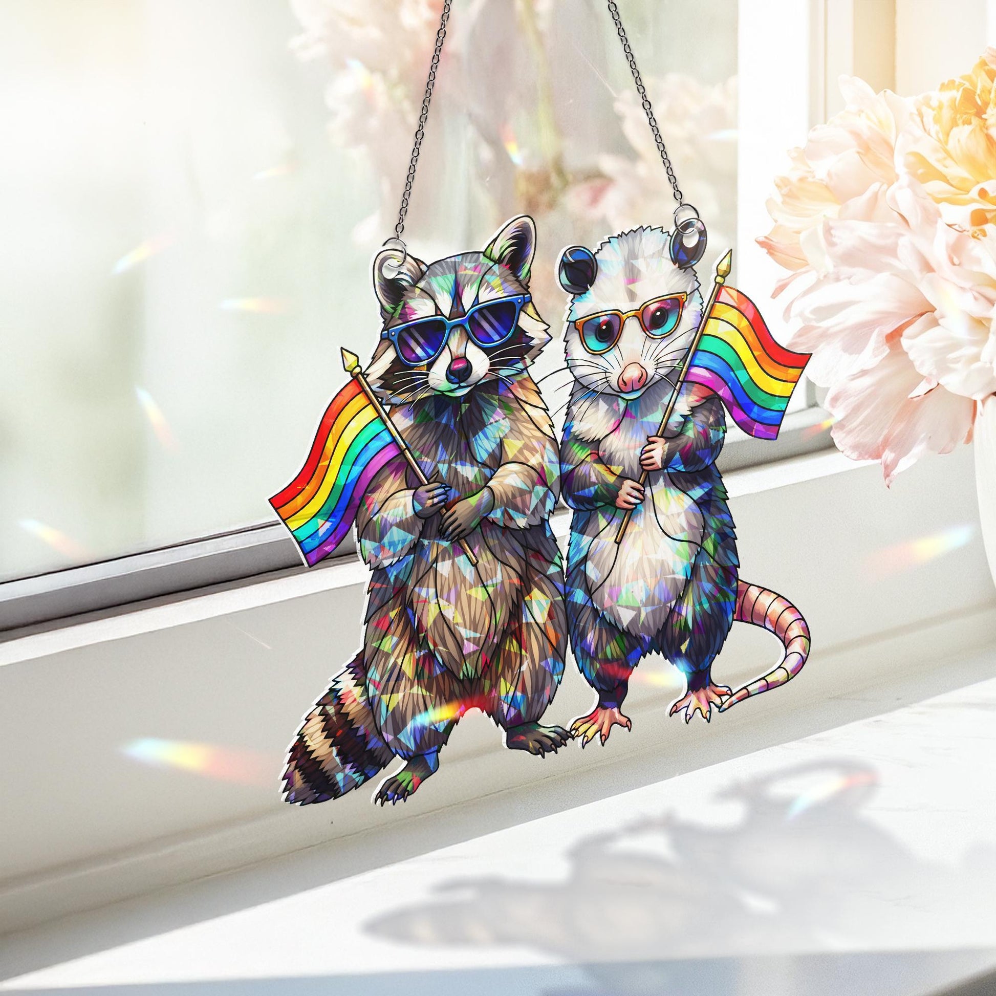 LGBT Acrylic Window Hanging – Raccoon & Opossum with Rainbow Flags, Cute Pride Suncatcher, Queer Animal Decor for Home or Office